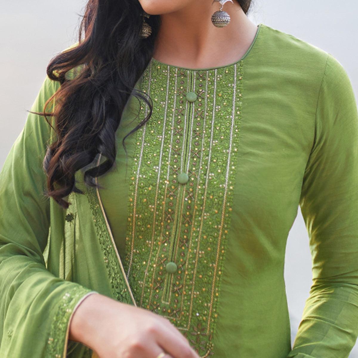 Olive Drab Emboidered Designer Georgette Partywear Suit - Peachmode