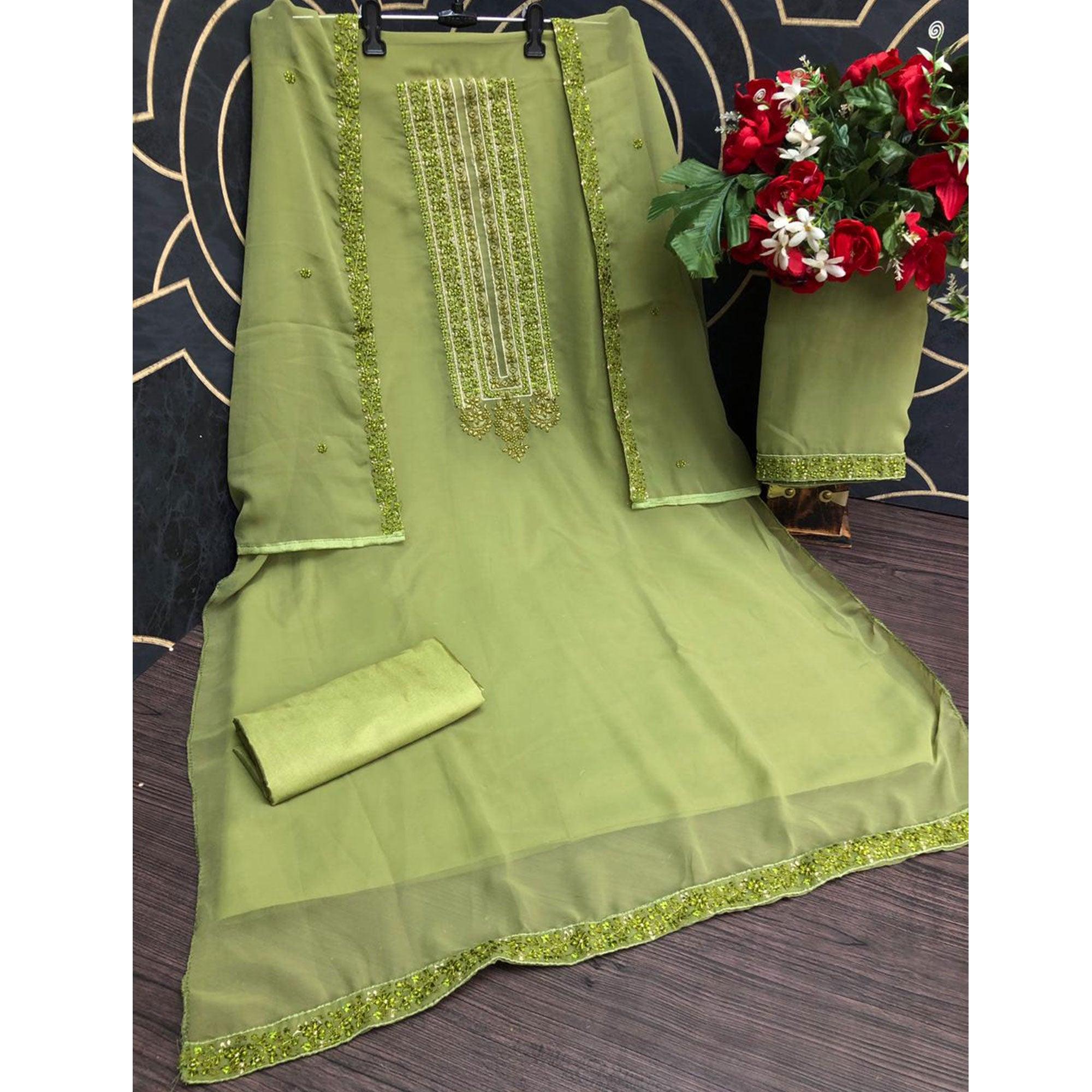 Olive Drab Emboidered Designer Georgette Partywear Suit - Peachmode
