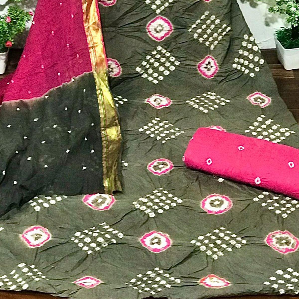 Olive Green Bandhani Printed Cotton Dress Material - Peachmode