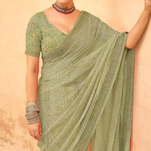 Olive Green Bandhani Printed Georgette Saree - Peachmode