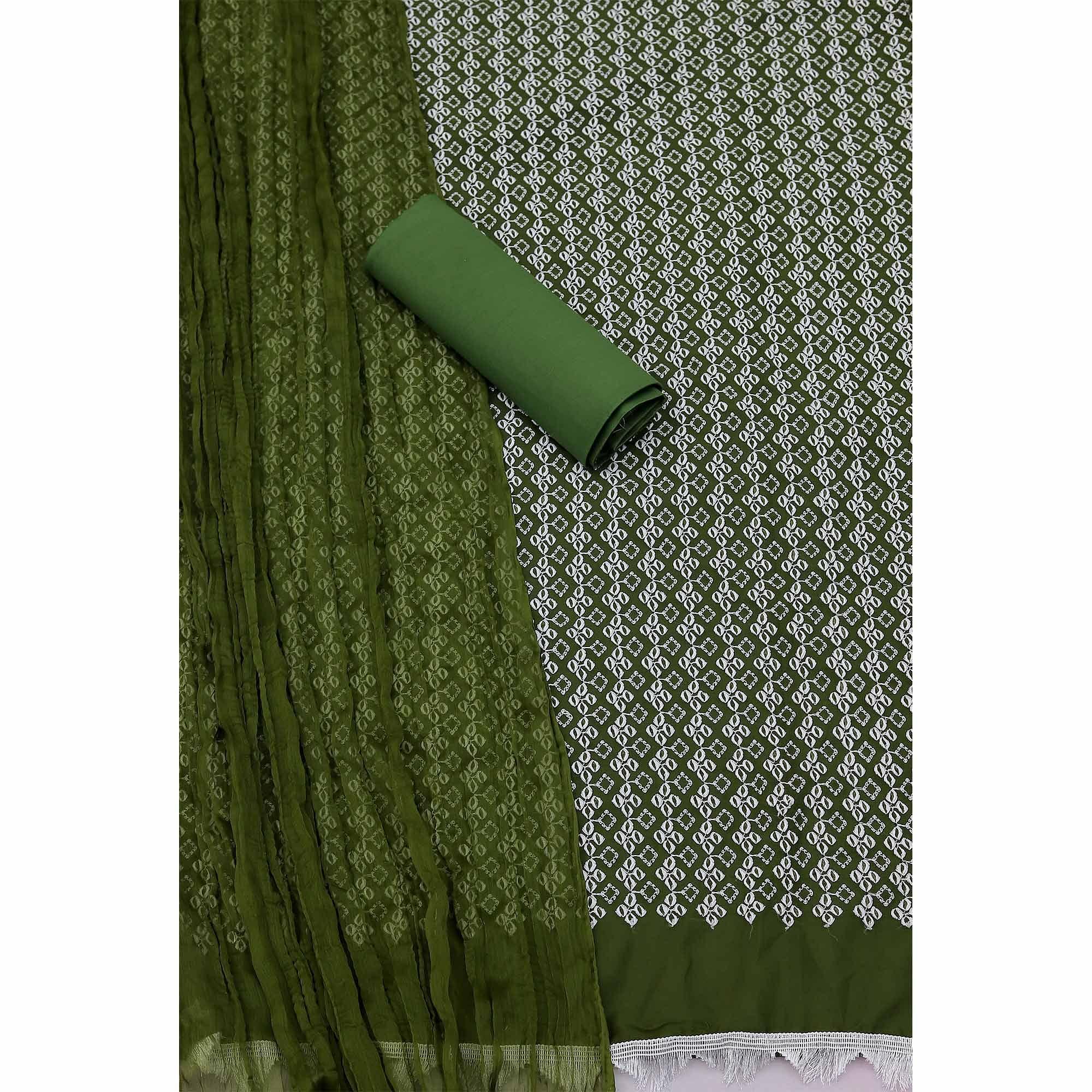 Olive Green Casual Wear Embroidered Georgette Dress Material - Peachmode