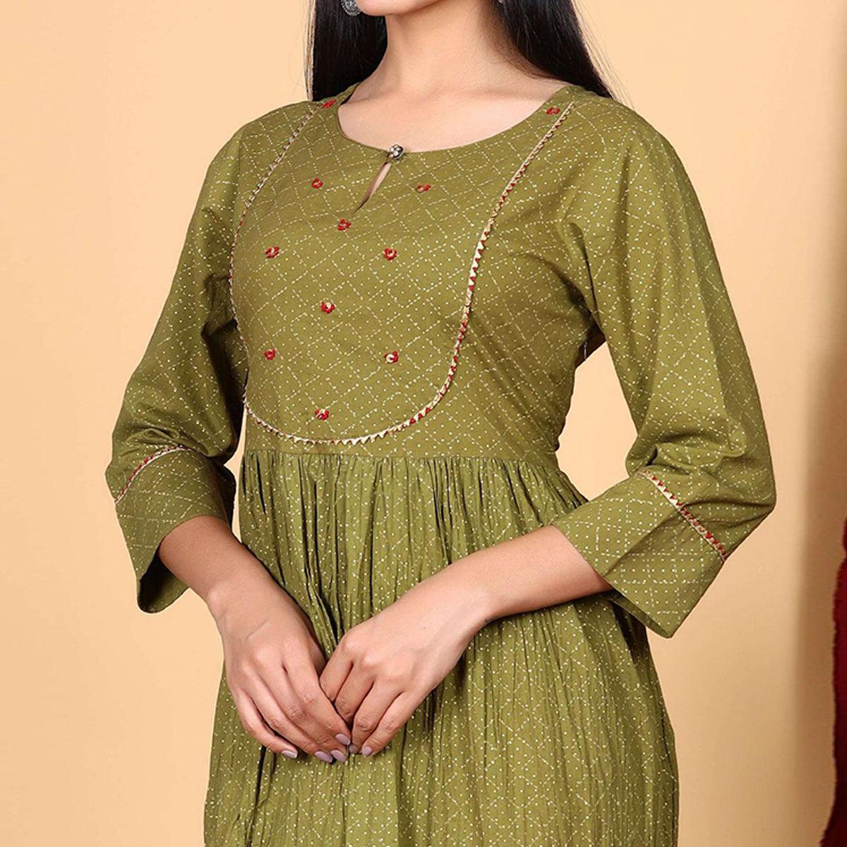 Olive Green Casual Wear Floral Printed Cotton Gown - Peachmode