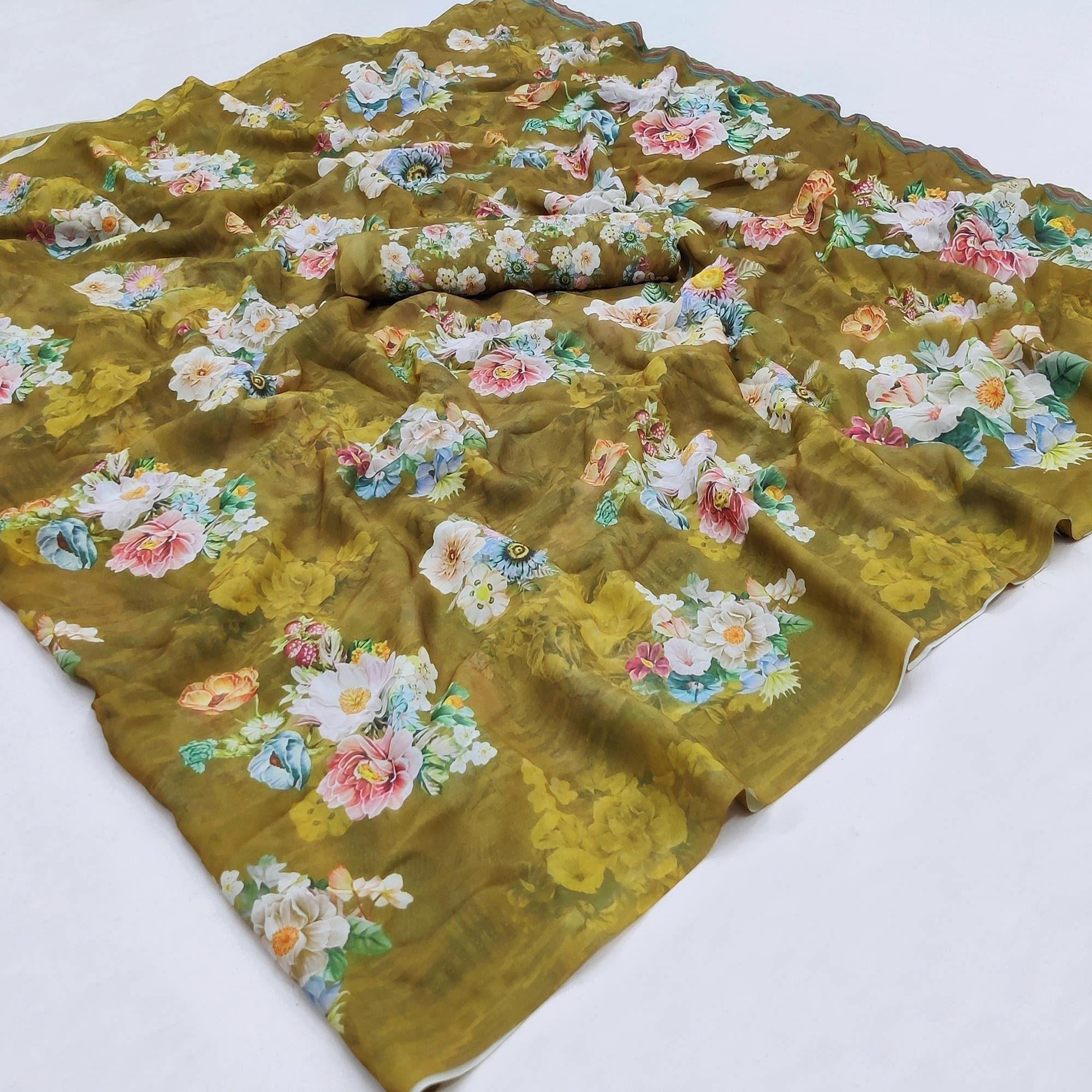 Olive Green Casual Wear Floral Printed Georgette Saree - Peachmode