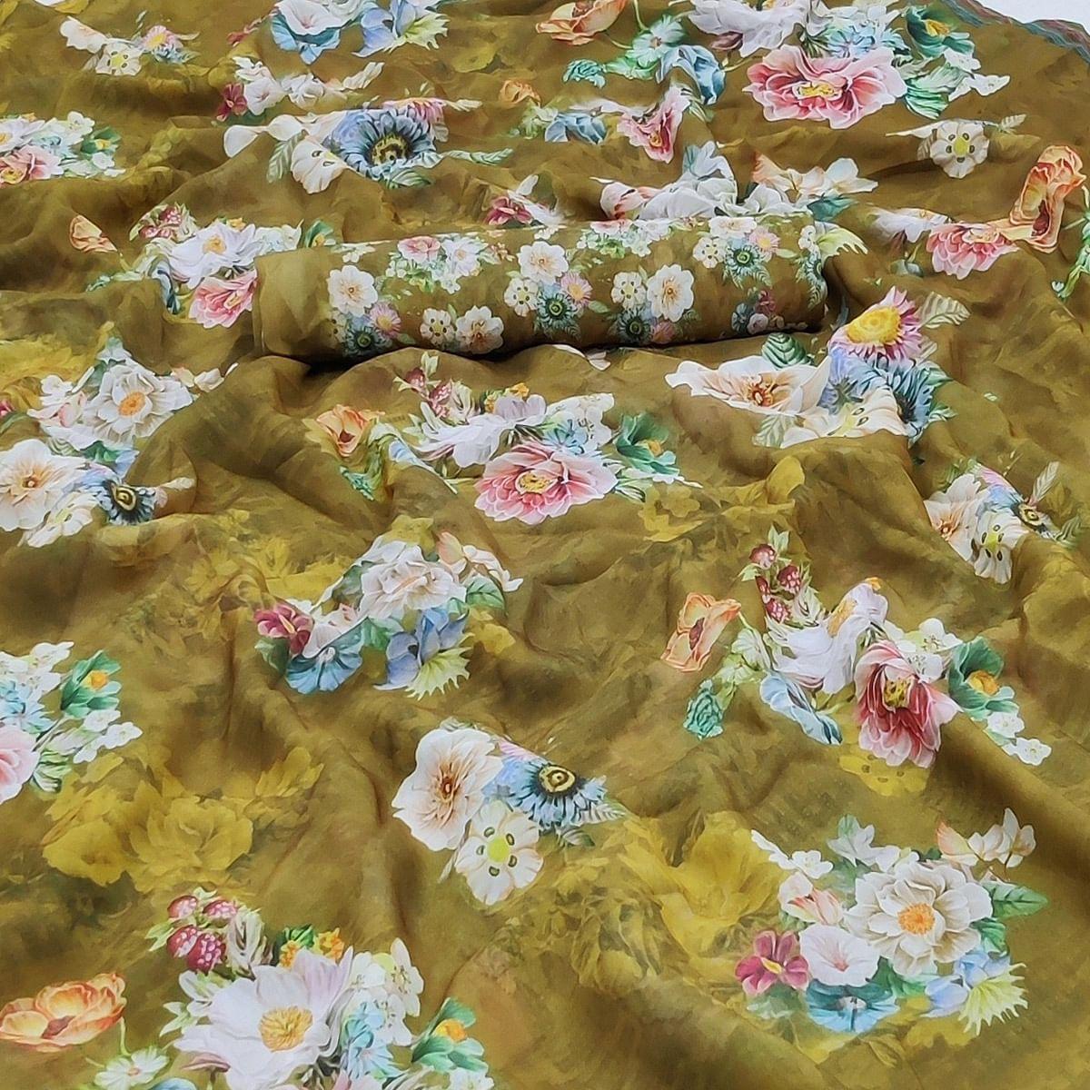 Olive Green Casual Wear Floral Printed Georgette Saree - Peachmode