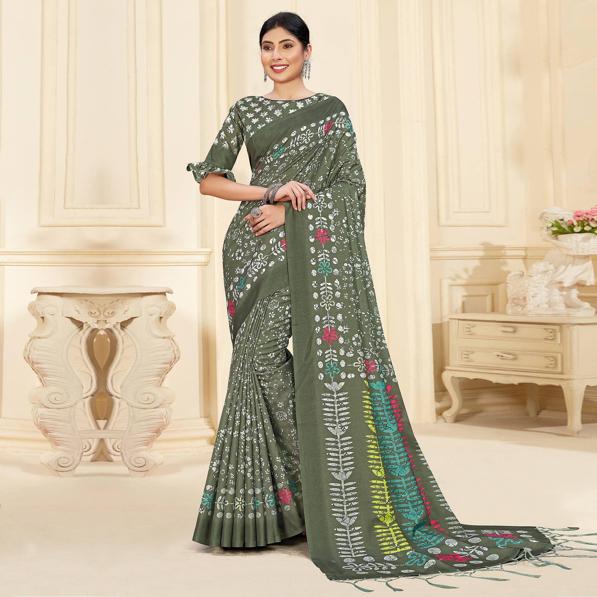Olive Green Casual Wear Printed Art Silk Saree - Peachmode