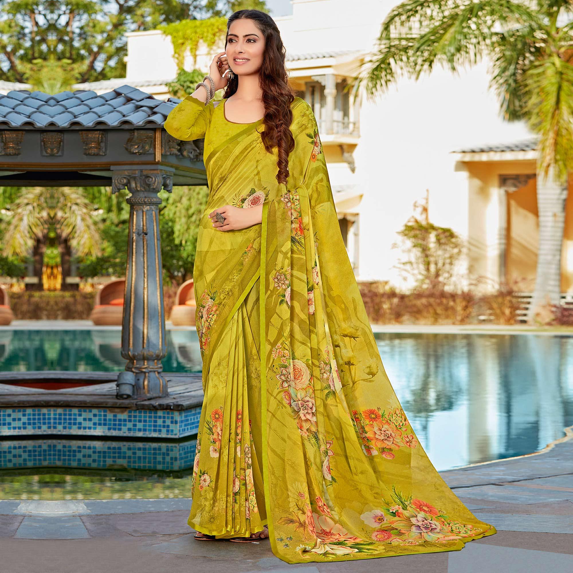 Olive Green Casual Wear Printed Georgette Saree - Peachmode