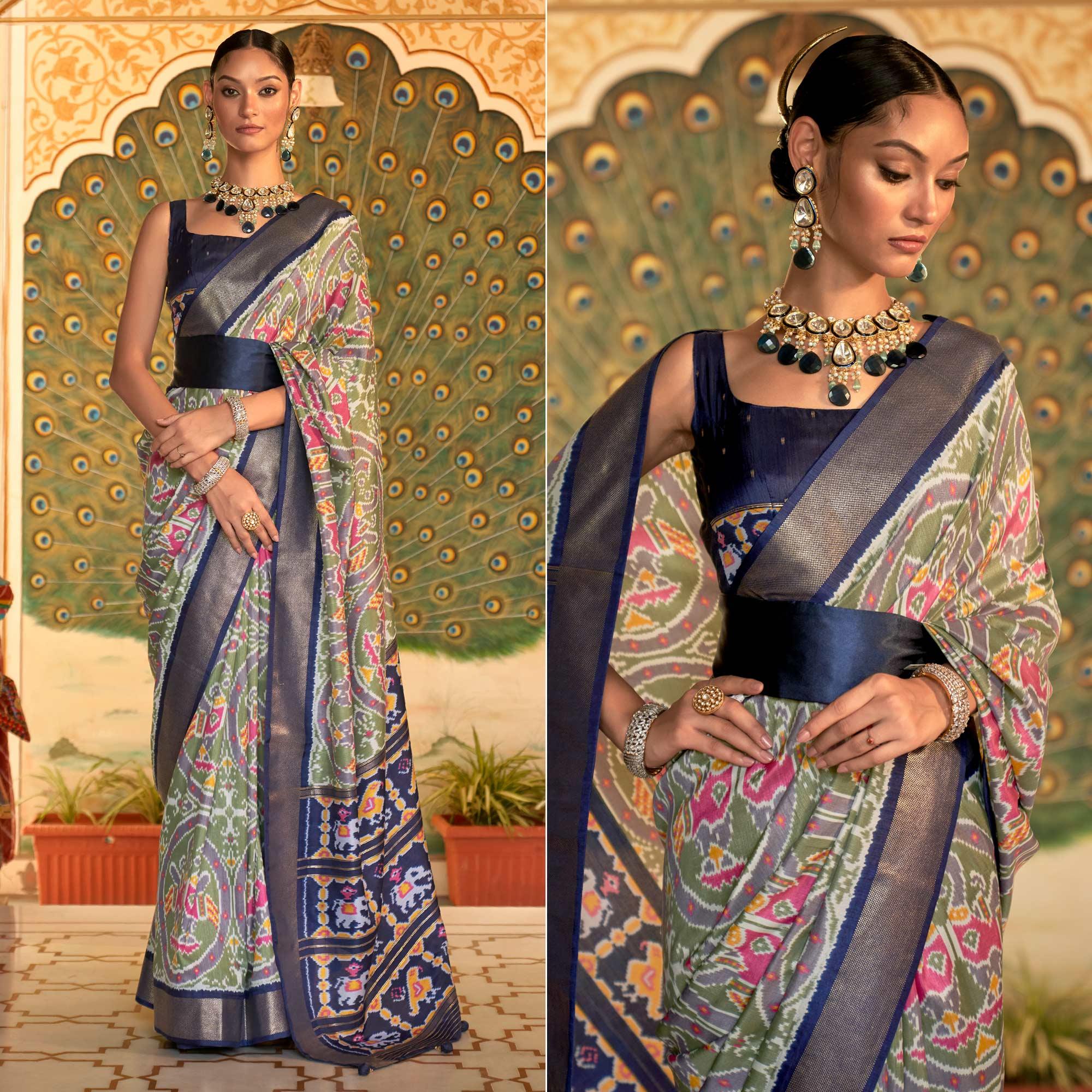 Olive Green Digital Patola Printed Silk Saree - Peachmode