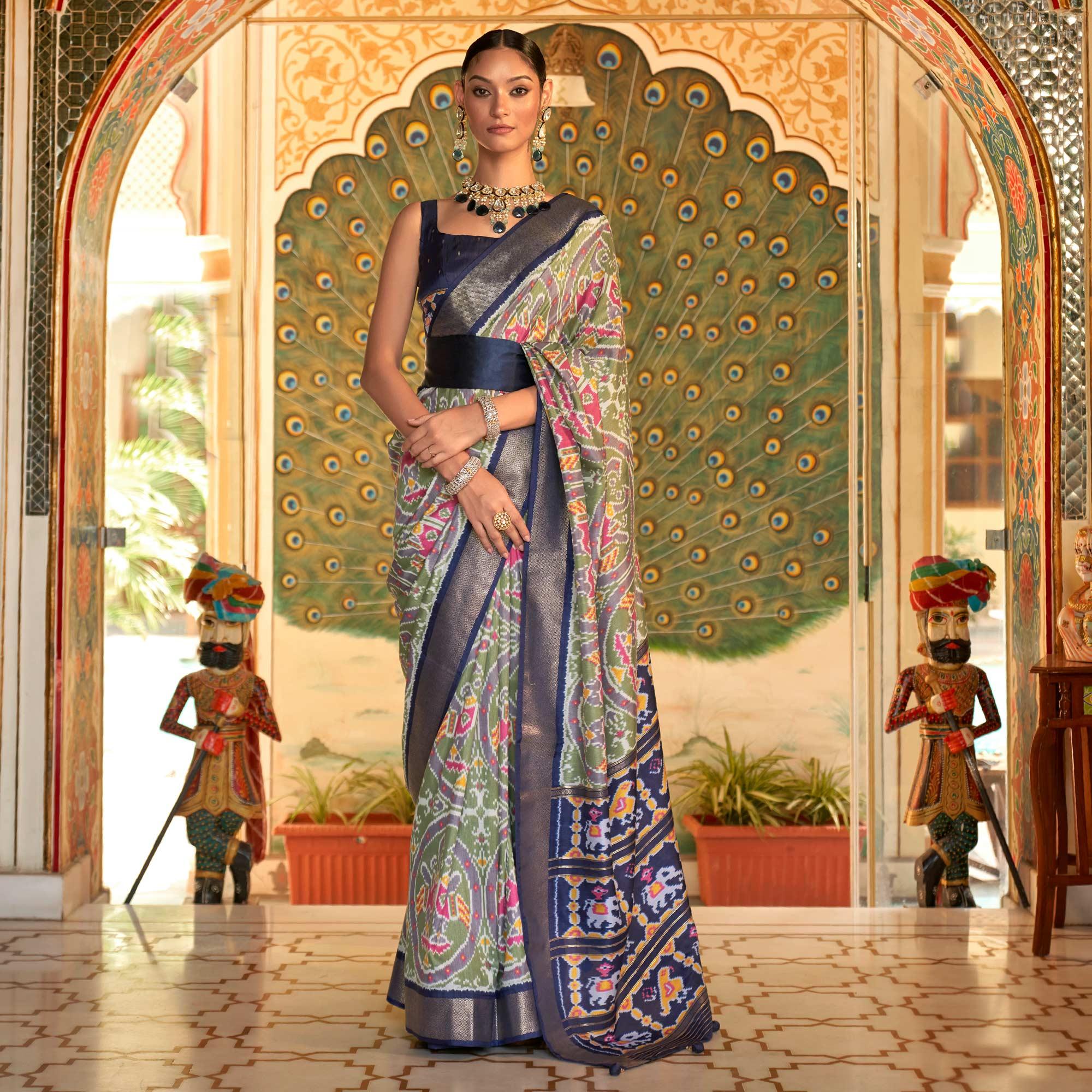 Olive Green Digital Patola Printed Silk Saree - Peachmode