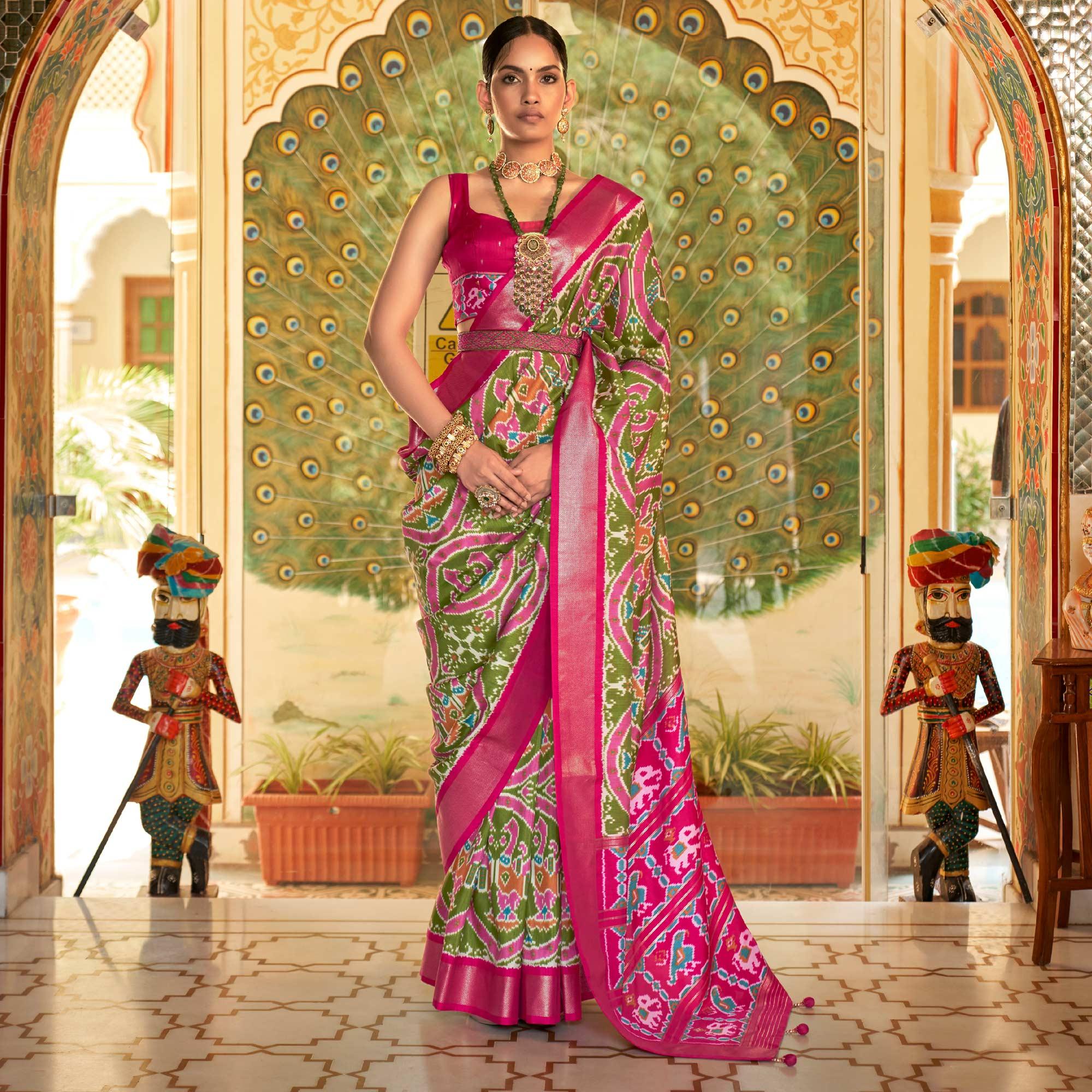 Olive Green Digital Patola Printed Silk Saree - Peachmode