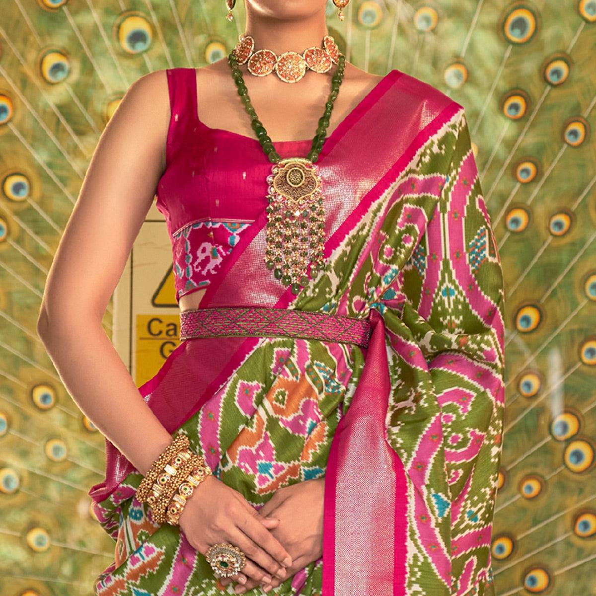 Olive Green Digital Patola Printed Silk Saree - Peachmode