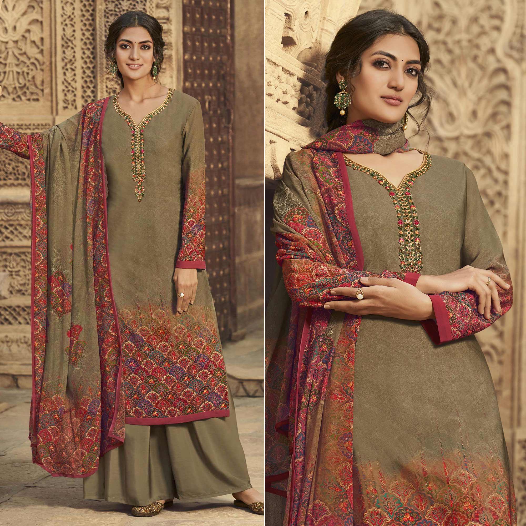 Olive Green Digital Printed Art Silk Palazzo Suit - Peachmode