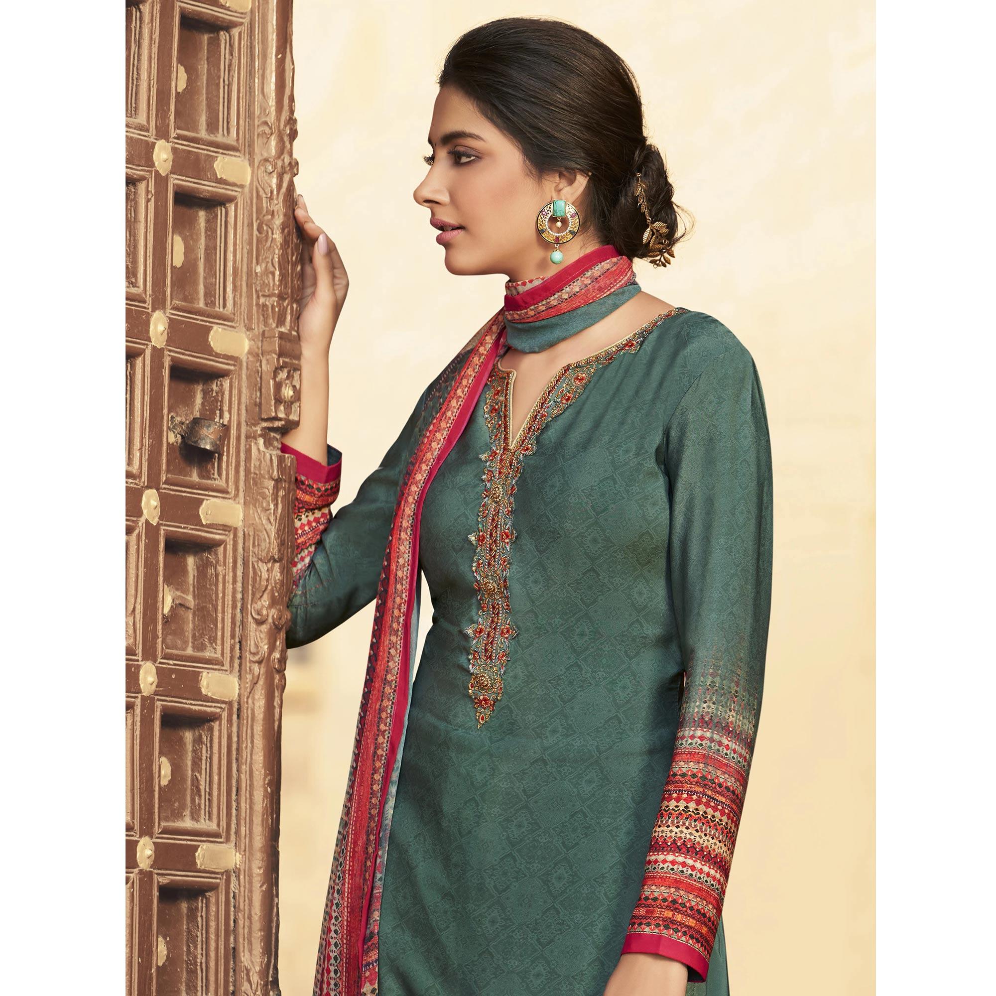 Olive Green Digital Printed Art Silk Palazzo Suit - Peachmode