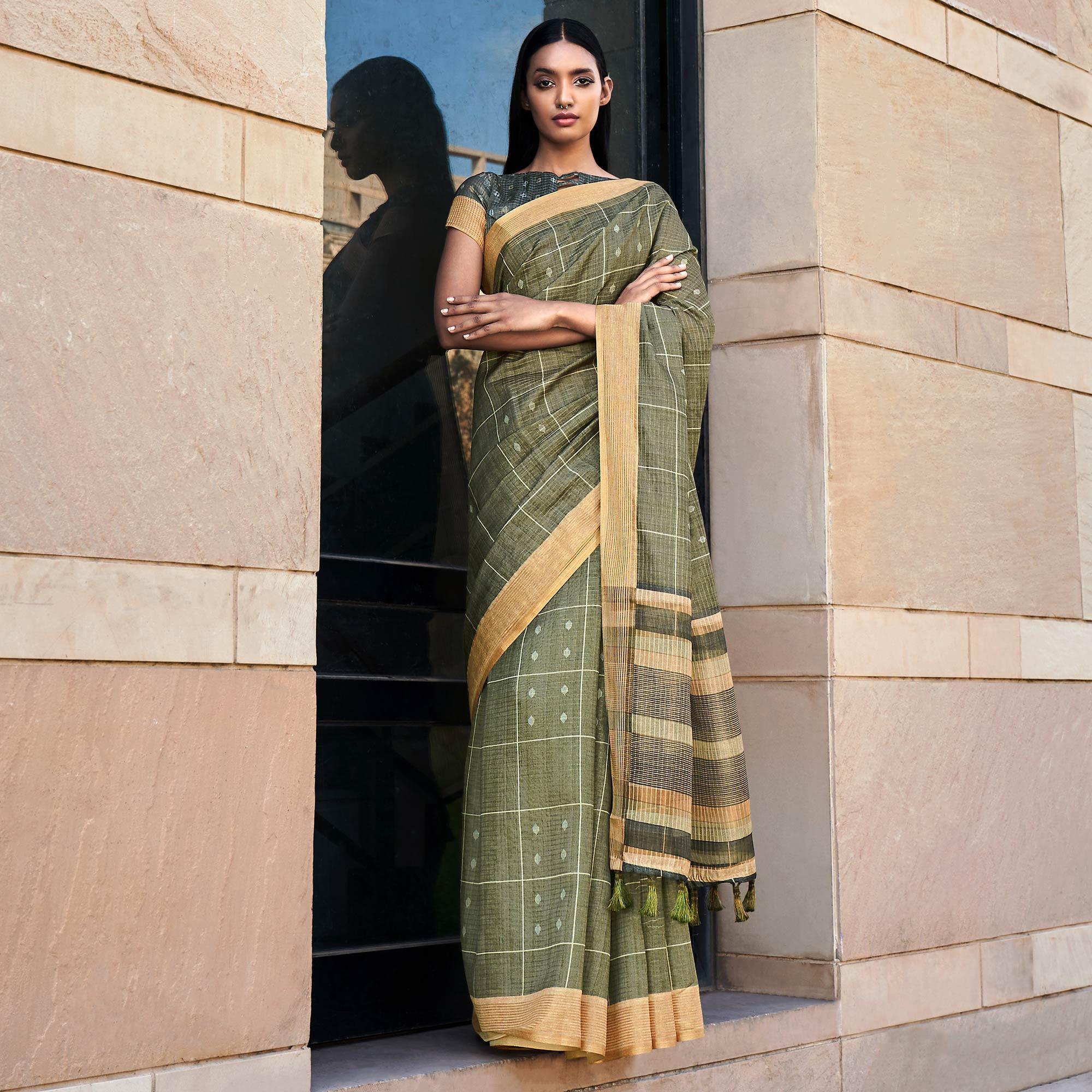 Olive Green Digital Printed Art Silk Saree With Tassels - Peachmode