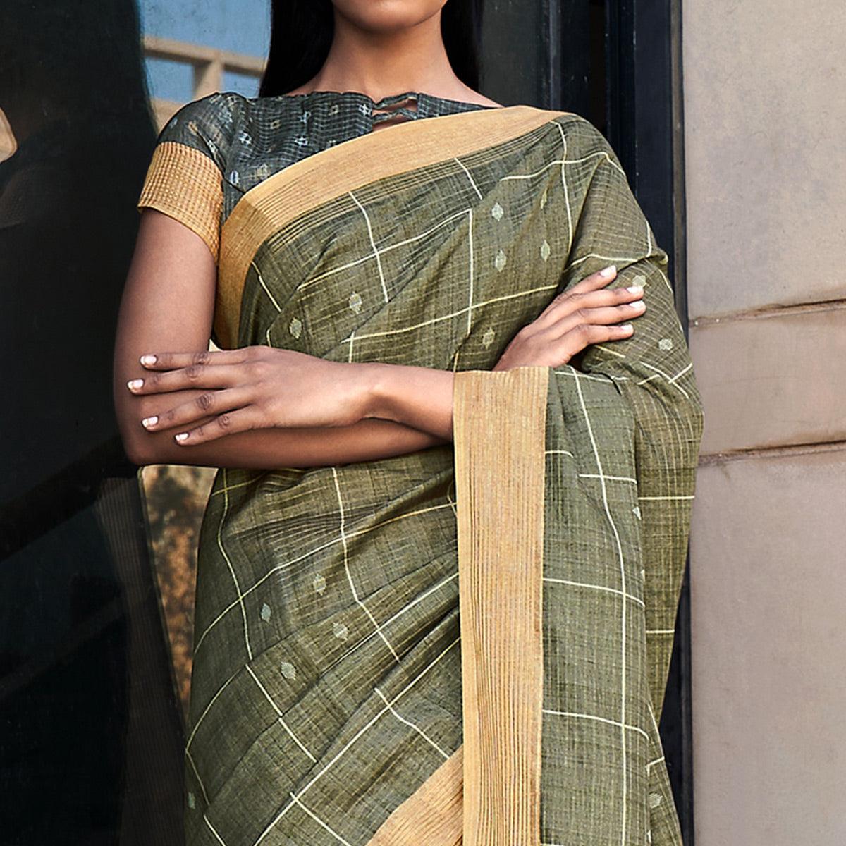 Olive Green Digital Printed Art Silk Saree With Tassels - Peachmode