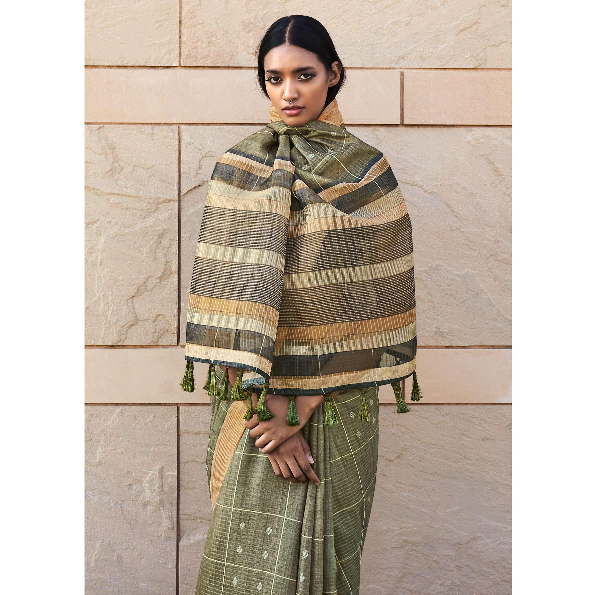 Olive Green Digital Printed Art Silk Saree With Tassels - Peachmode