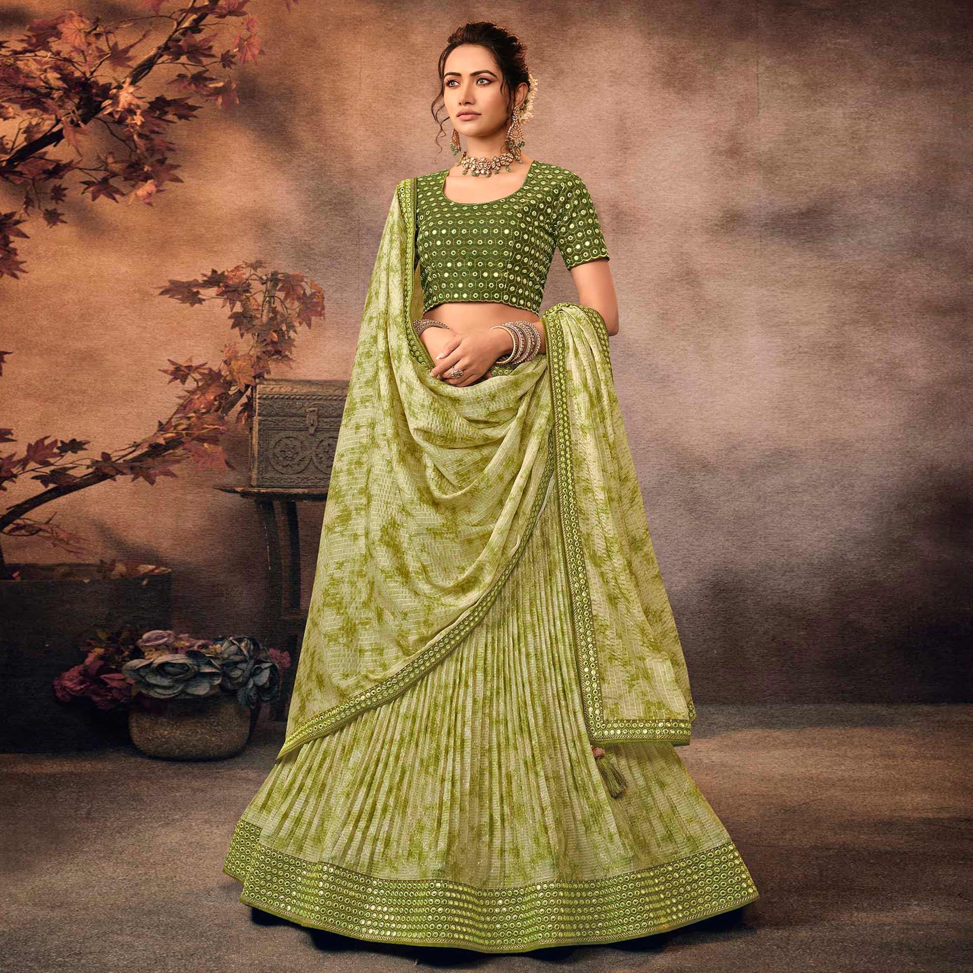 Olive Green Digital Printed-Embellished Chiffon Lehenga Choli - Peachmode