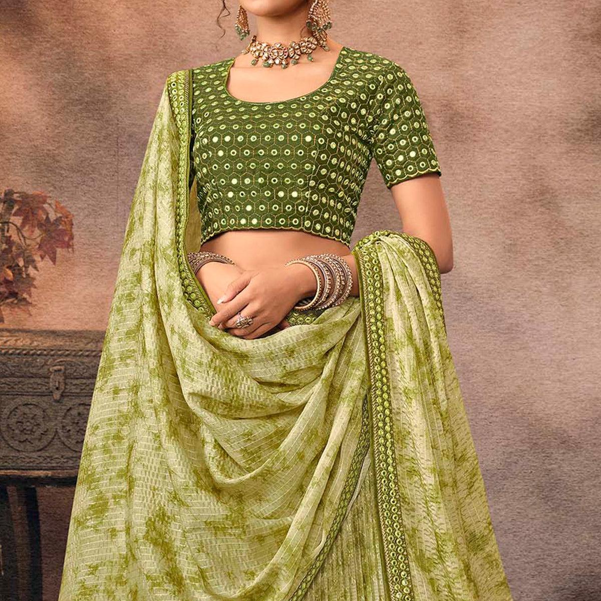 Olive Green Digital Printed-Embellished Chiffon Lehenga Choli - Peachmode