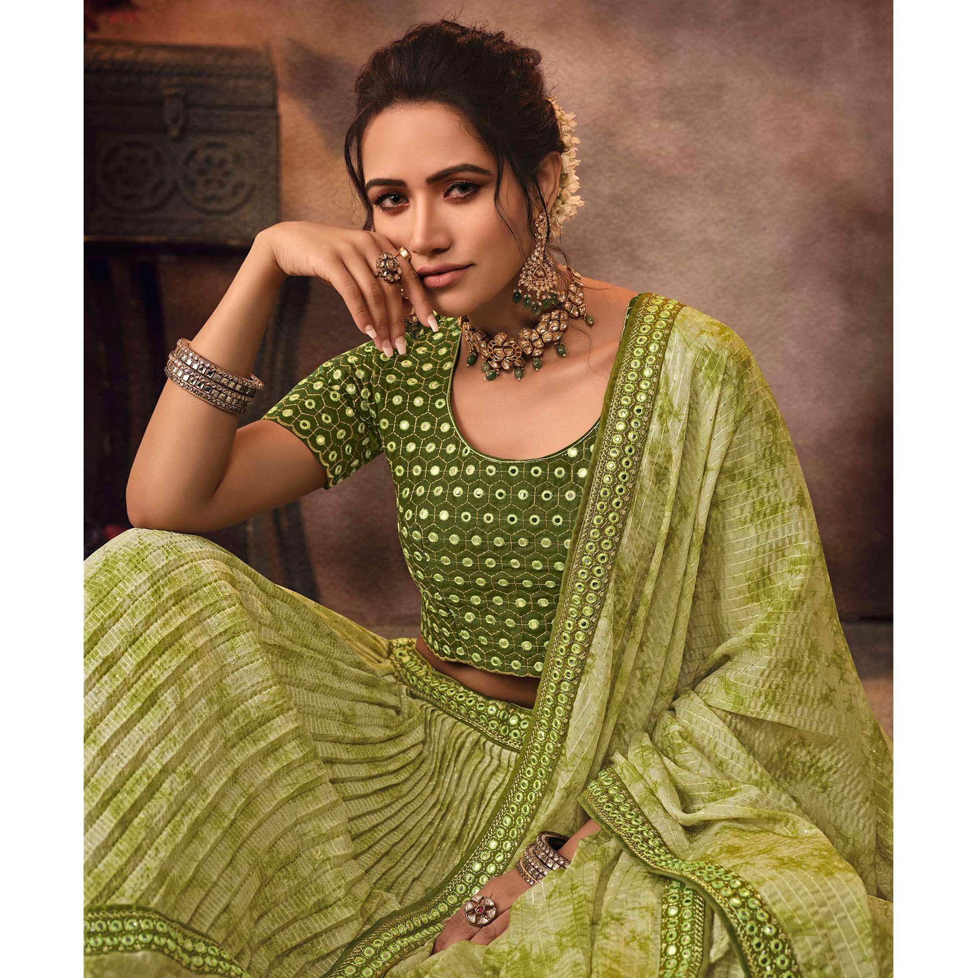 Olive Green Digital Printed-Embellished Chiffon Lehenga Choli - Peachmode