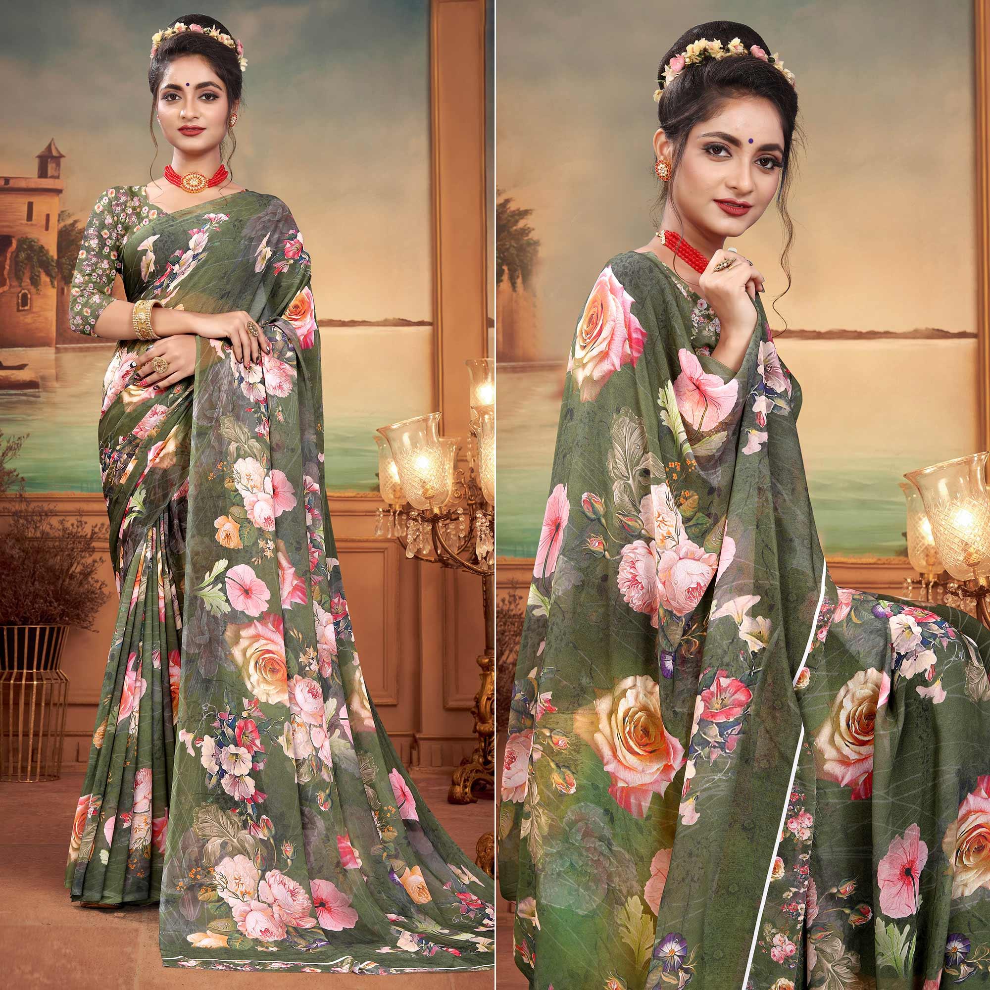 Olive Green Digital Printed Georgette Saree - Peachmode