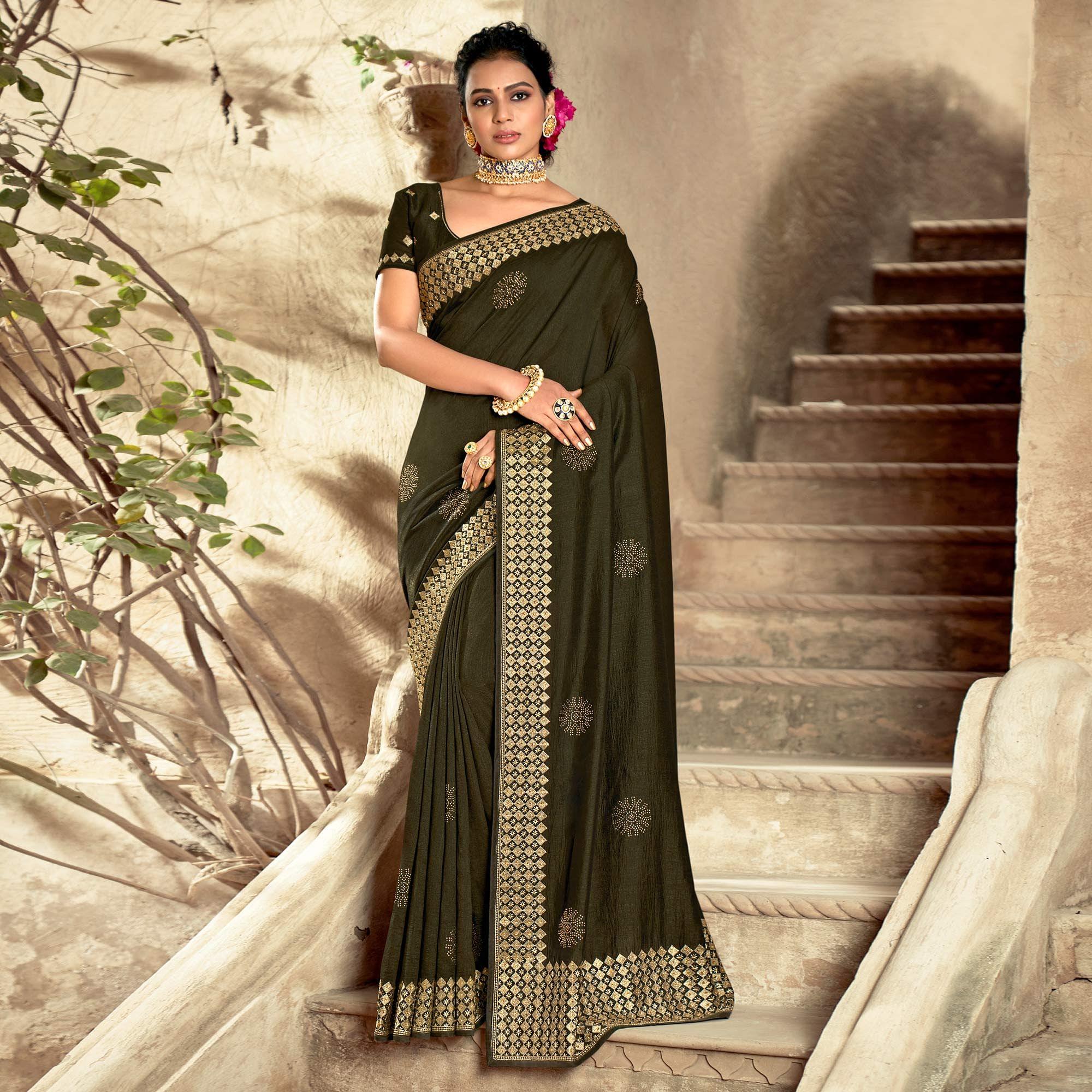 Olive Green Embellished Vichitra Silk Saree - Peachmode