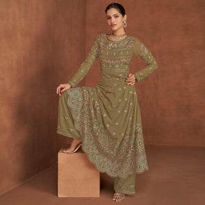 Olive Green Embellished With Embroidered Georgette Palazzo Suit - Peachmode