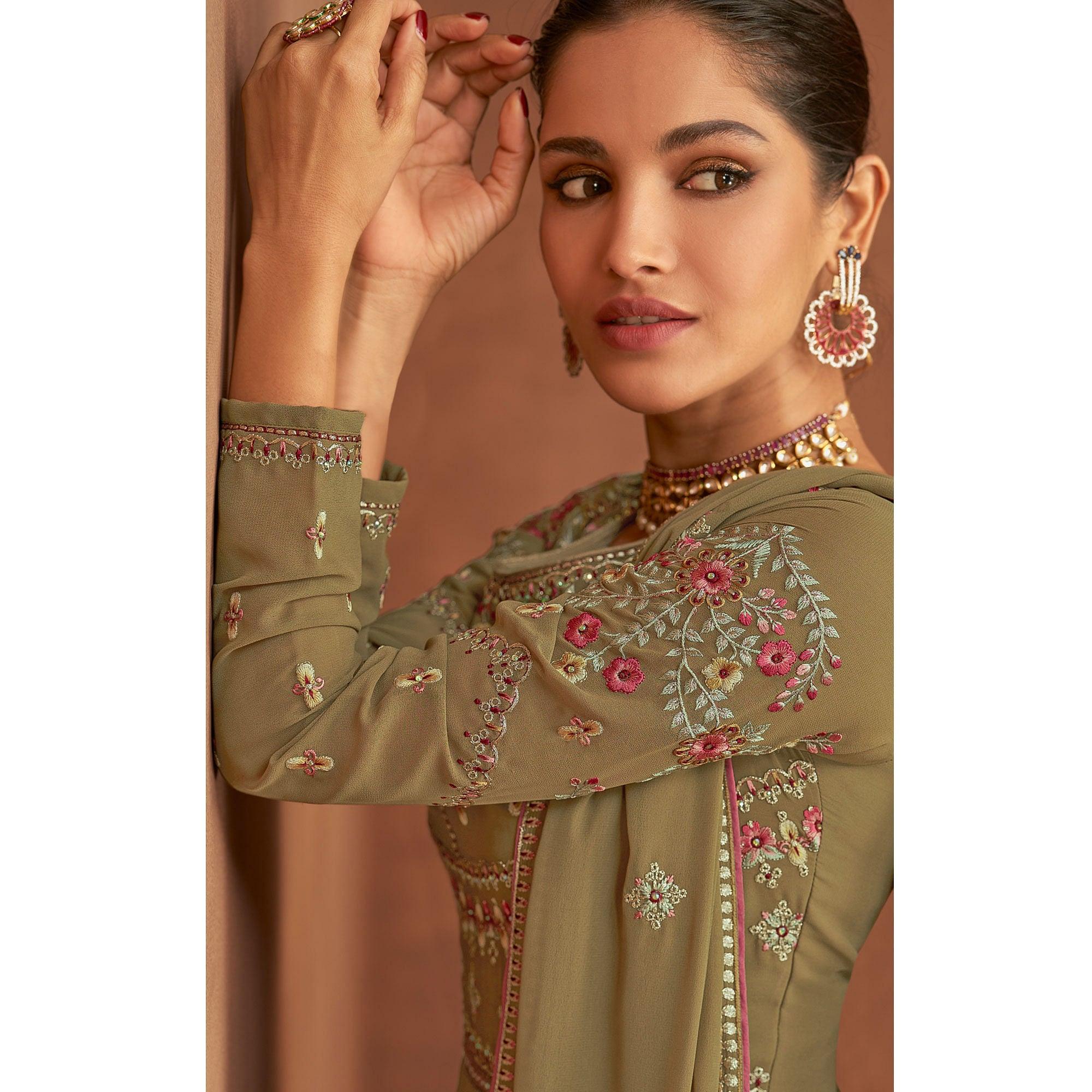 Olive Green Embellished With Embroidered Georgette Palazzo Suit - Peachmode