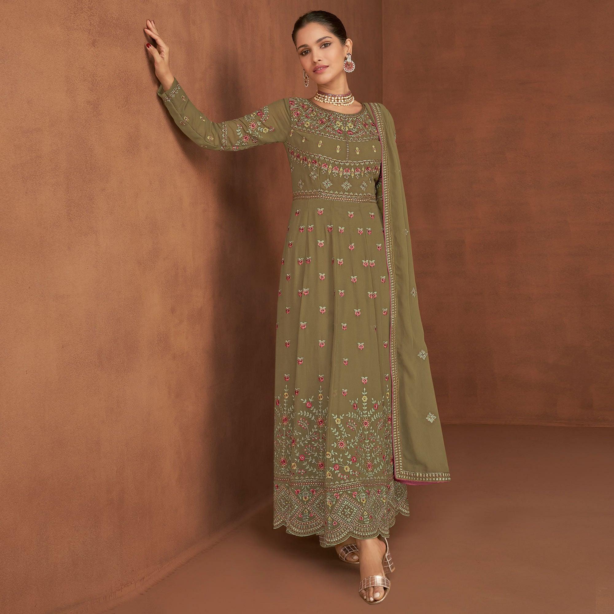 Olive Green Embellished With Embroidered Georgette Palazzo Suit - Peachmode
