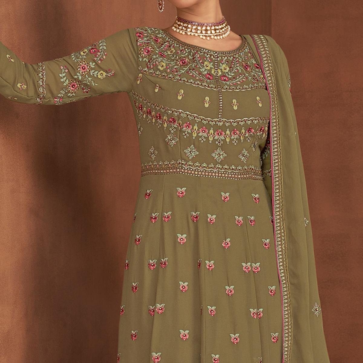 Olive Green Embellished With Embroidered Georgette Palazzo Suit - Peachmode