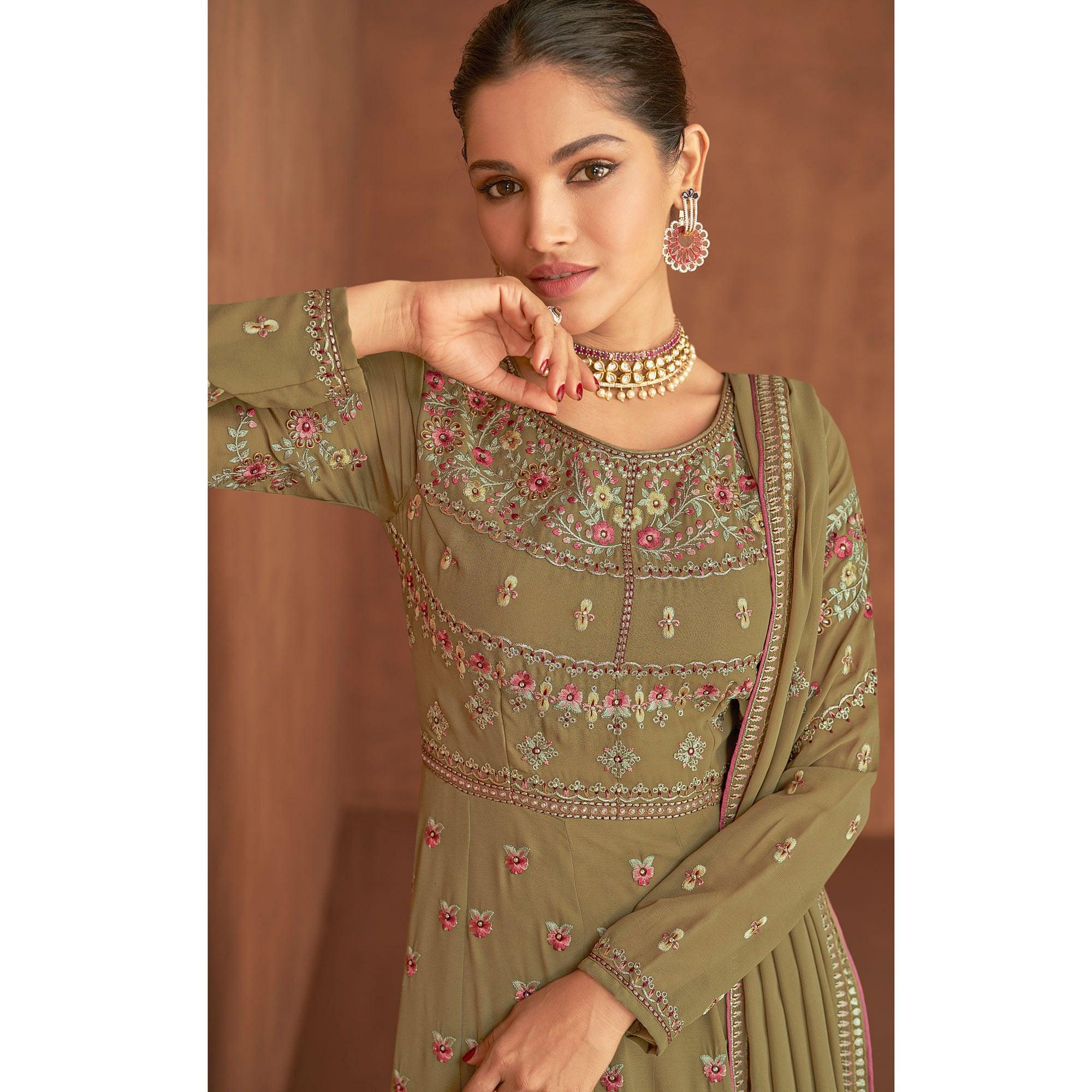 Olive Green Embellished With Embroidered Georgette Palazzo Suit - Peachmode