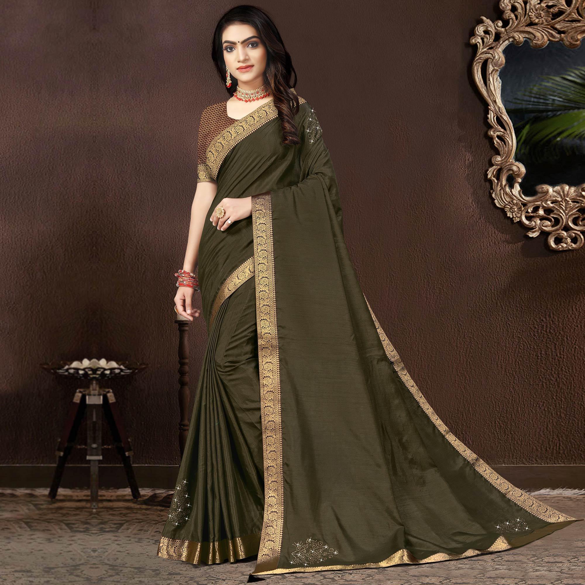 Olive Green Embellished With Embroidered Vichitra Silk Saree - Peachmode