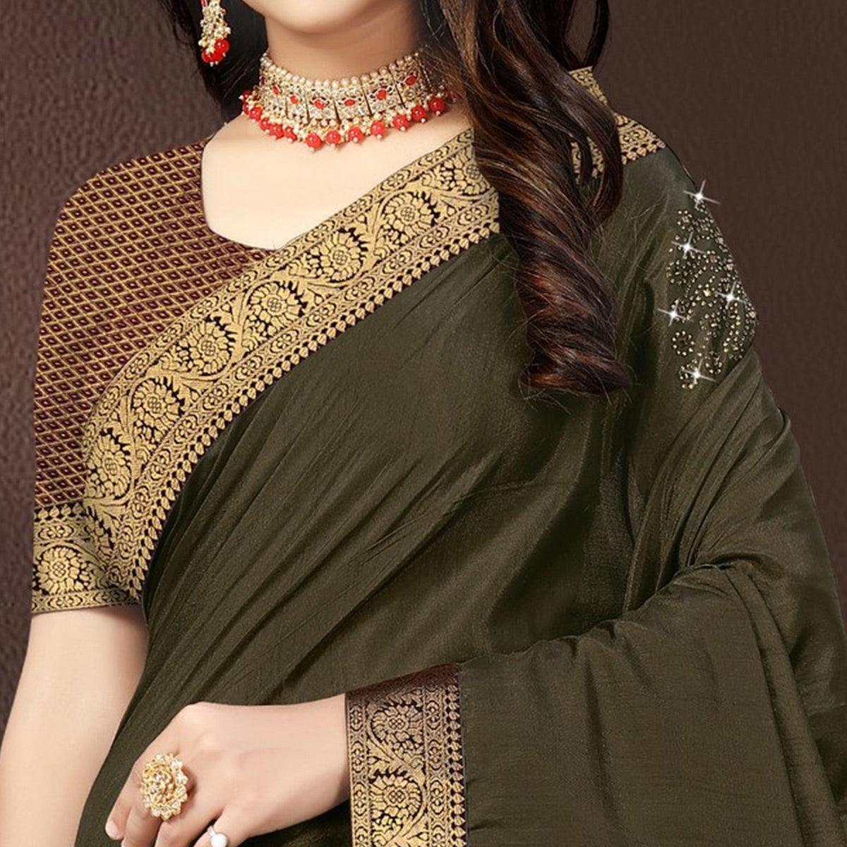 Olive Green Embellished With Embroidered Vichitra Silk Saree - Peachmode