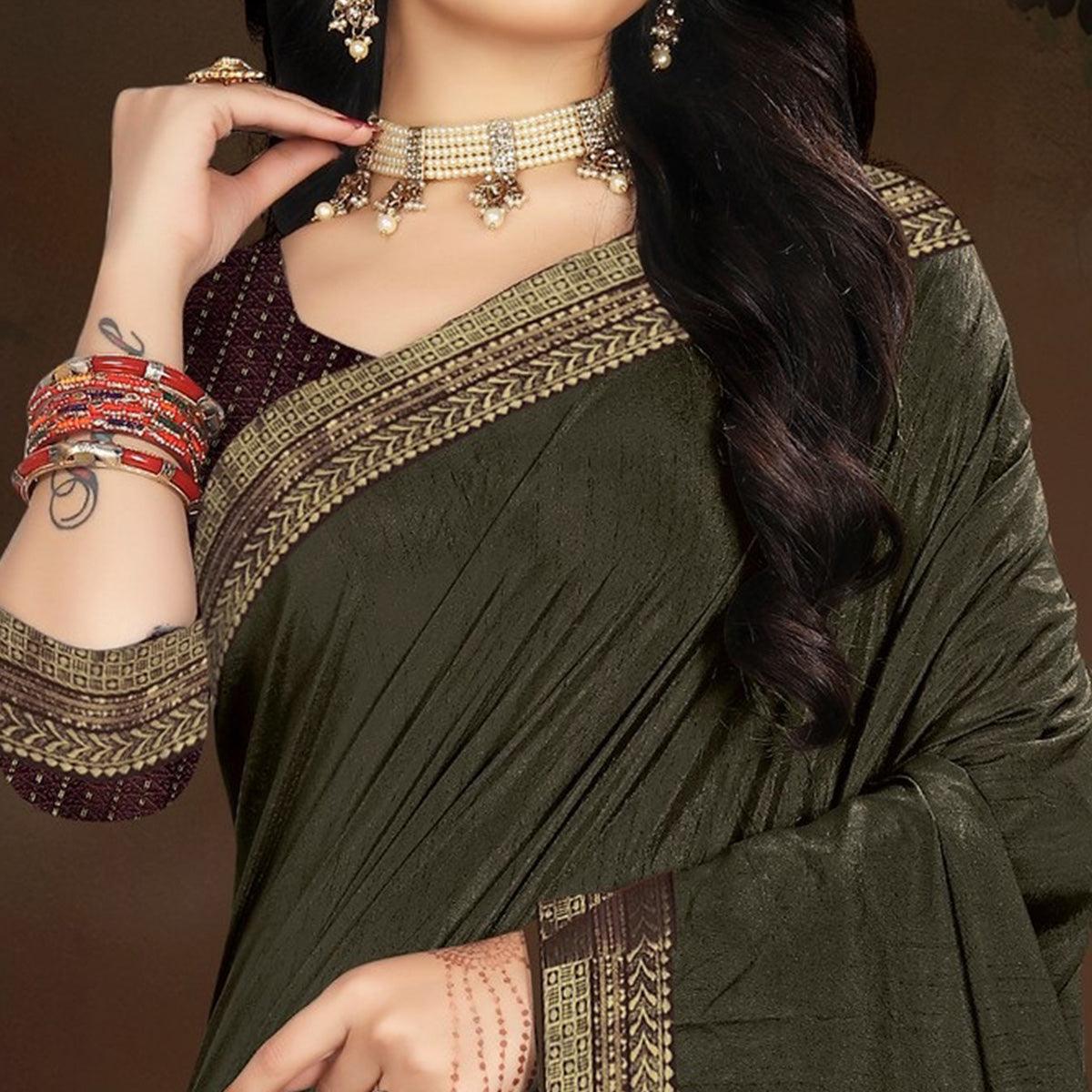 Olive Green Embellished With Embroidered Vichitra Silk Saree - Peachmode