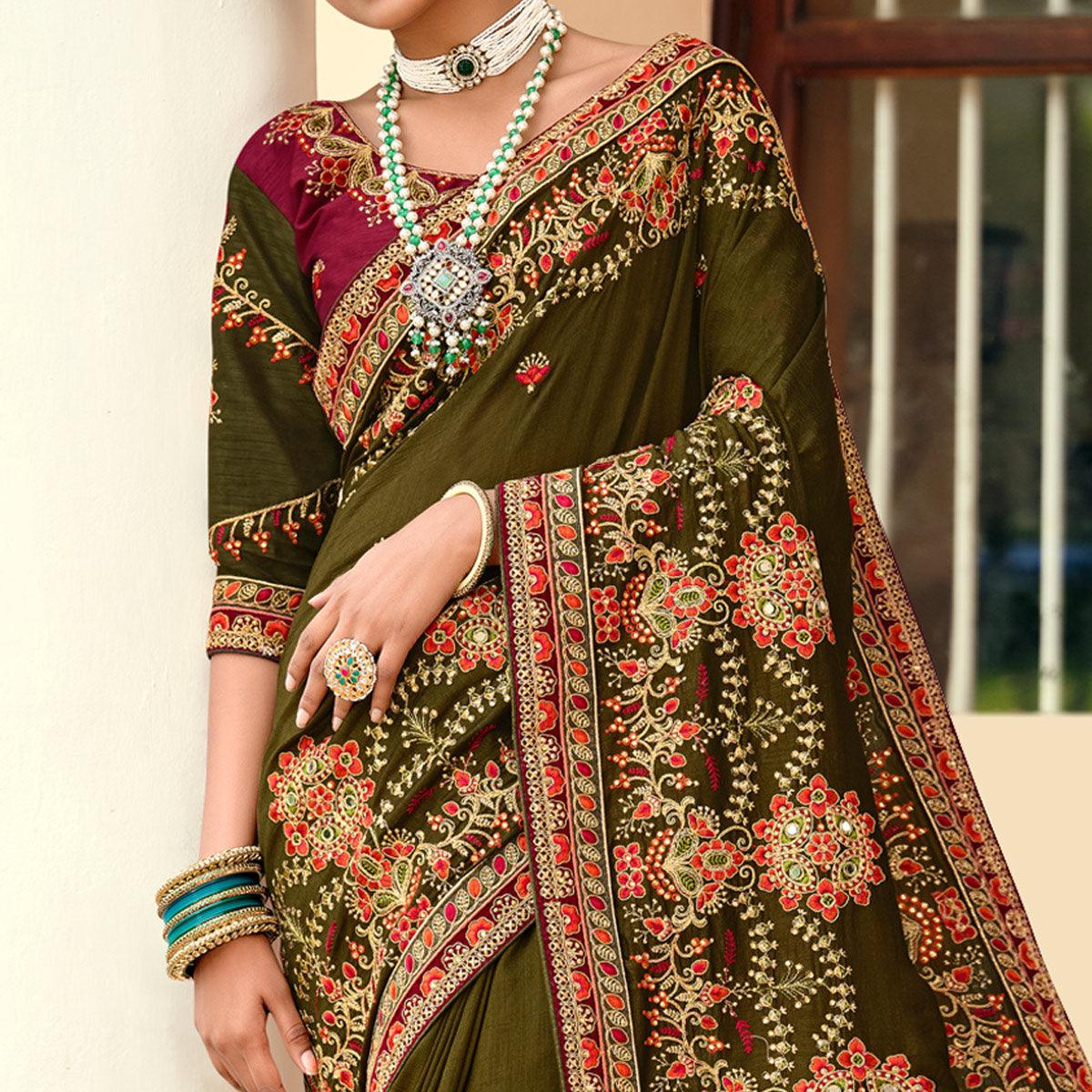Olive Green Embellished With Embroidered Vichitra Silk Saree With Tassels - Peachmode