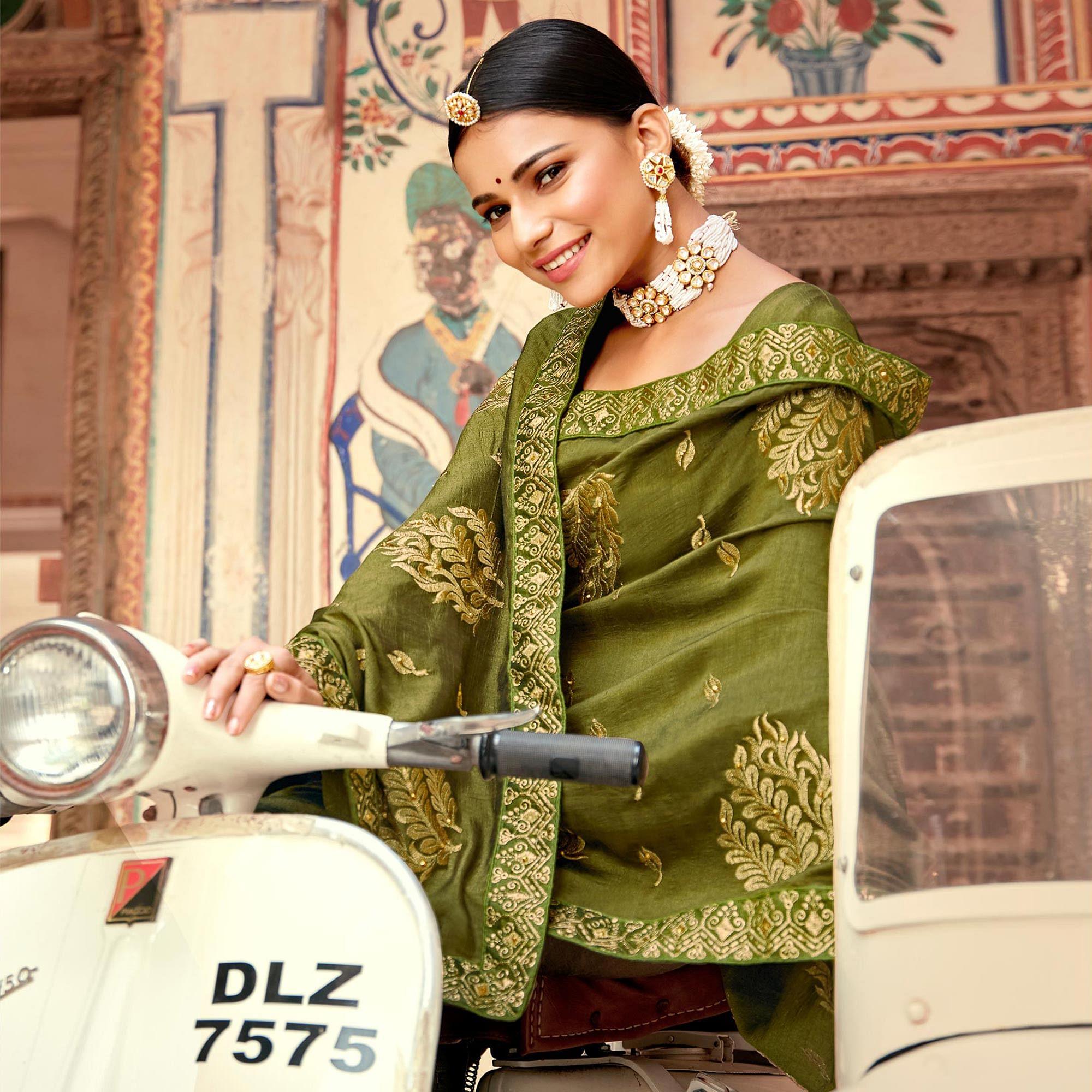 Olive Green Embellished With Woven Vichitra Silk Saree - Peachmode