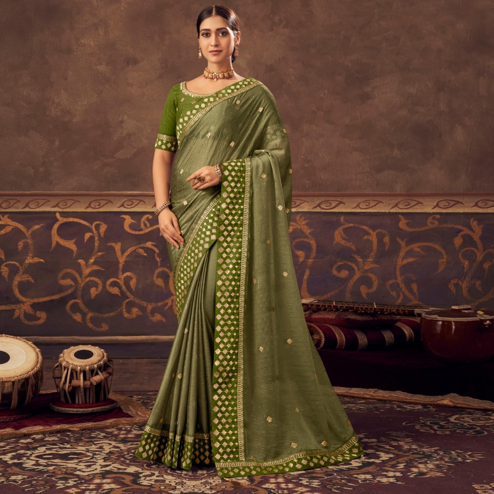Olive Green Embroidered Chiffon Saree - Peachmode