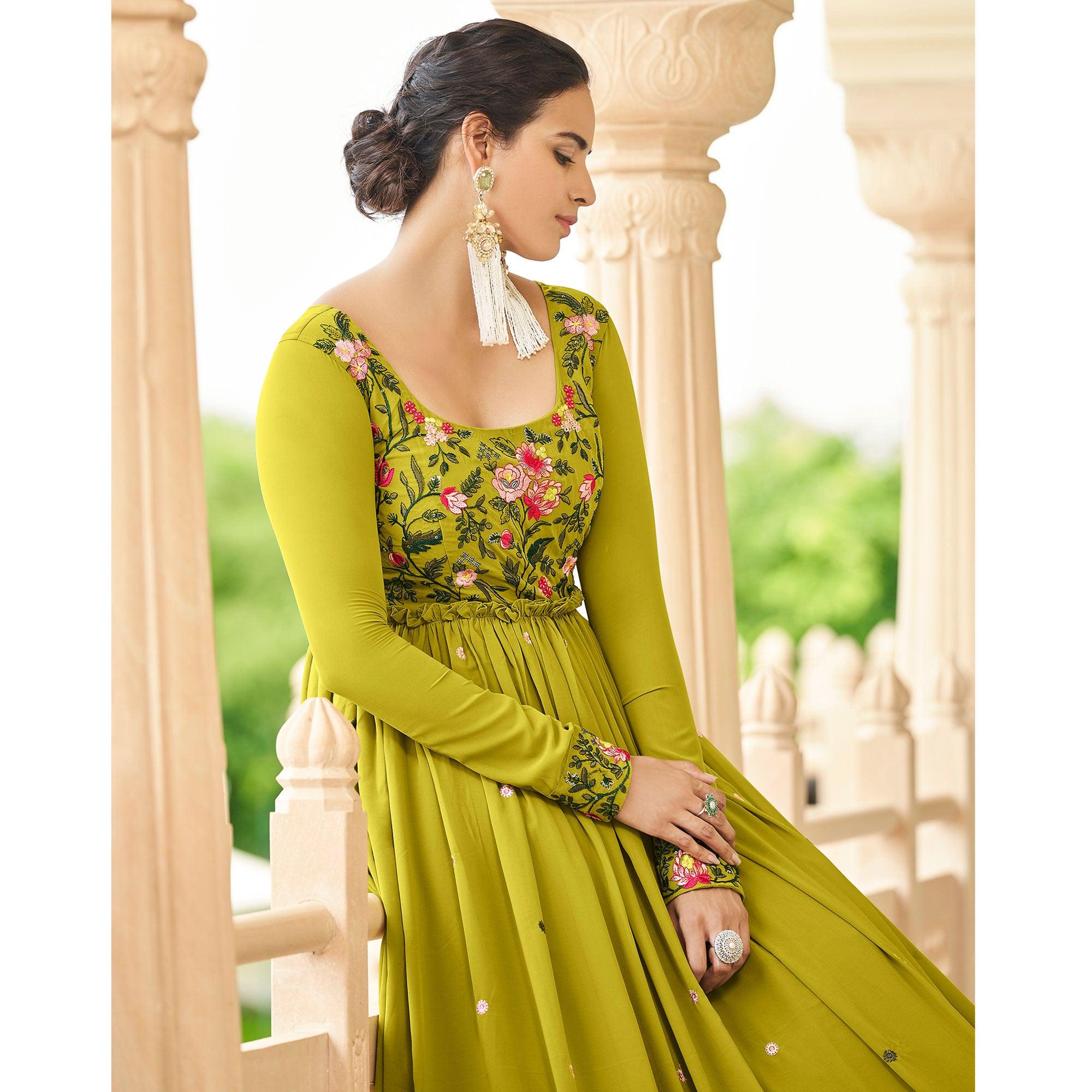 Olive Green Embroidered Georgette Gown - Peachmode