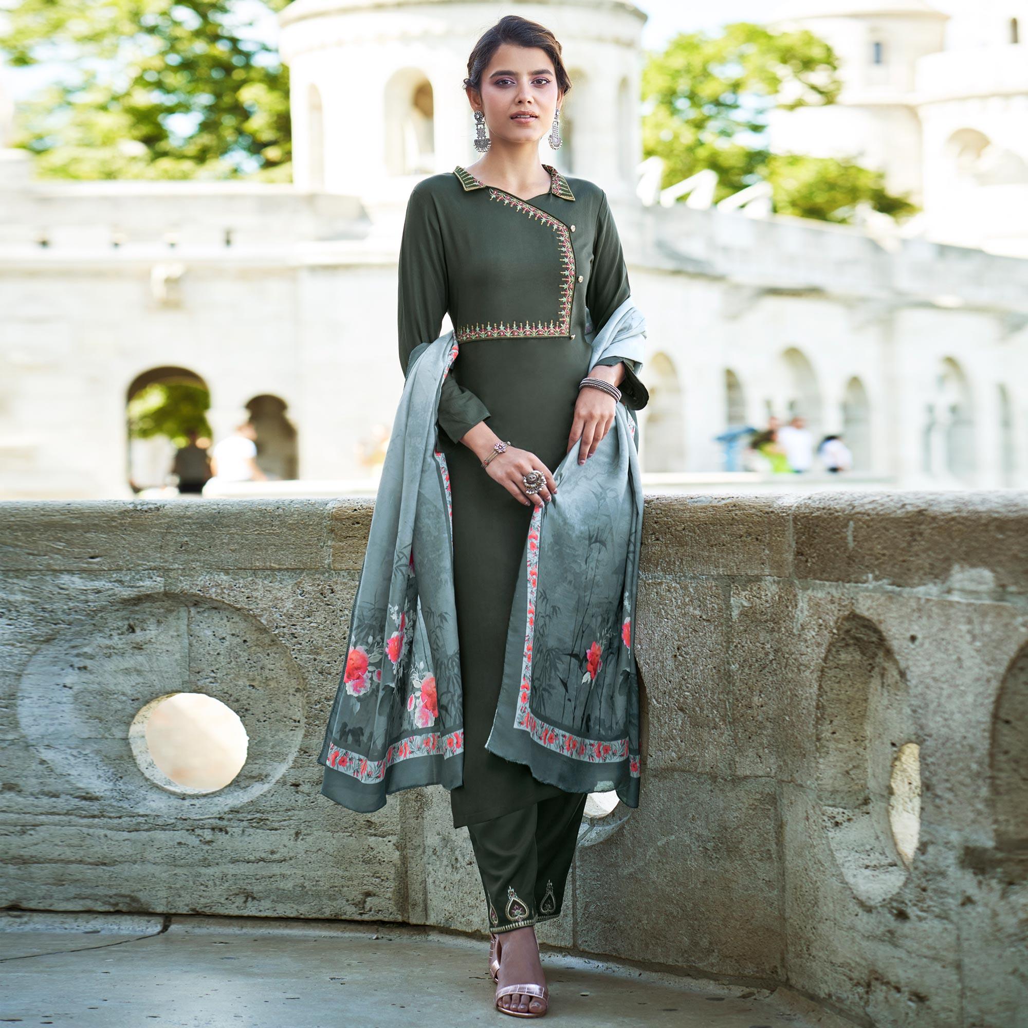 Olive Green Embroidered Rayon Kurti Pant Set With Dupatta - Peachmode