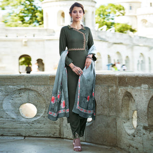 Olive Green Embroidered Rayon Kurti Pant Set With Dupatta - Peachmode