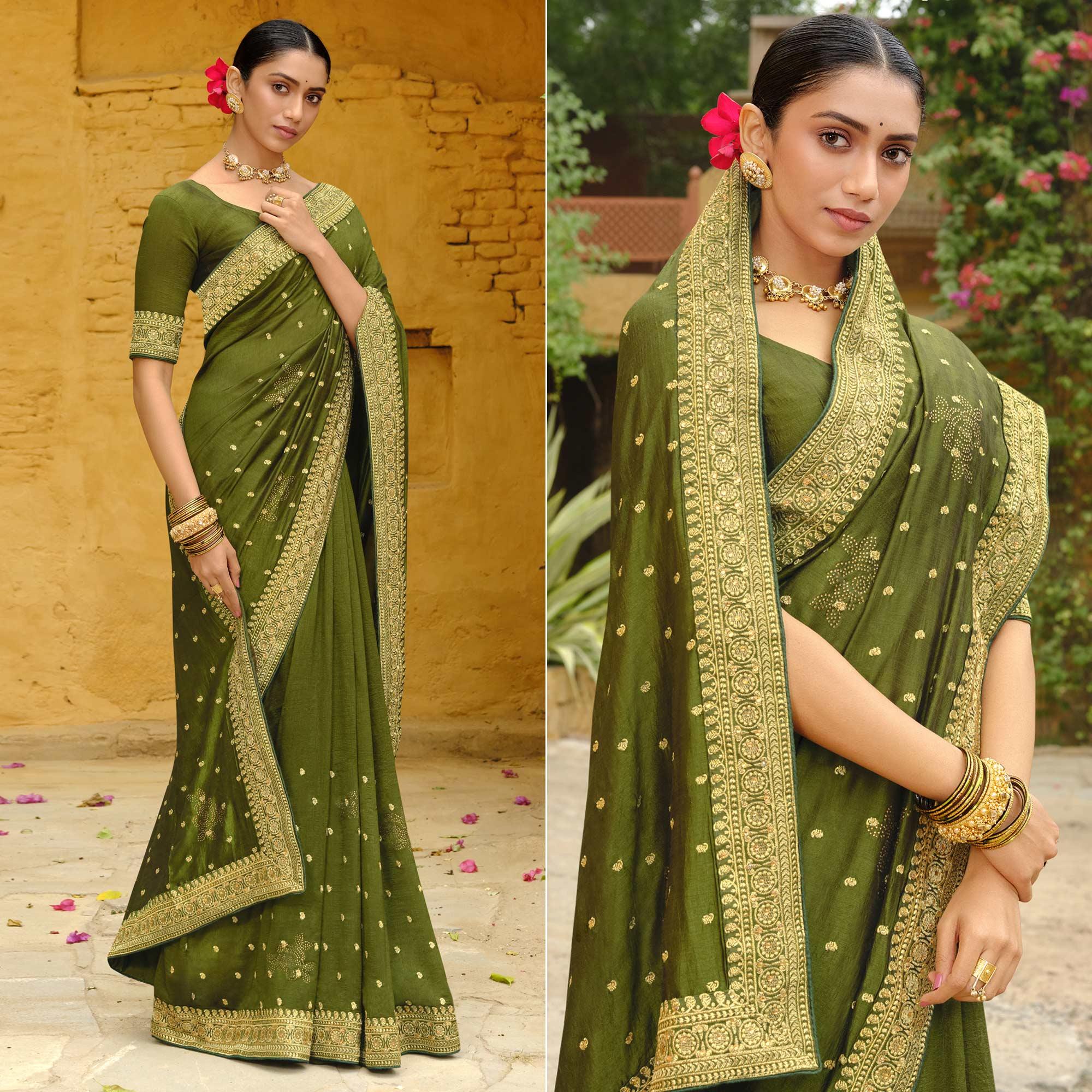 Olive Green Embroidered Vichitra Silk Saree - Peachmode