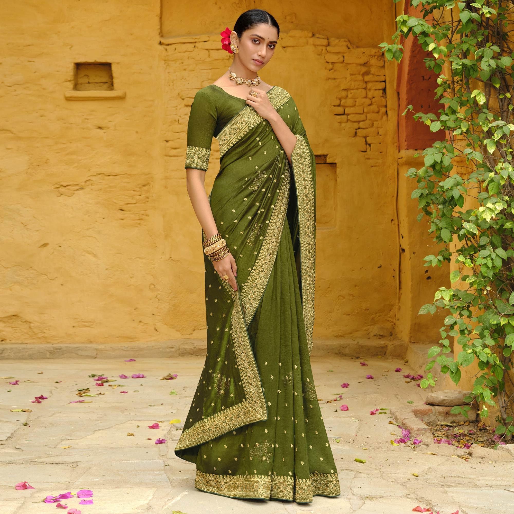 Olive Green Embroidered Vichitra Silk Saree - Peachmode