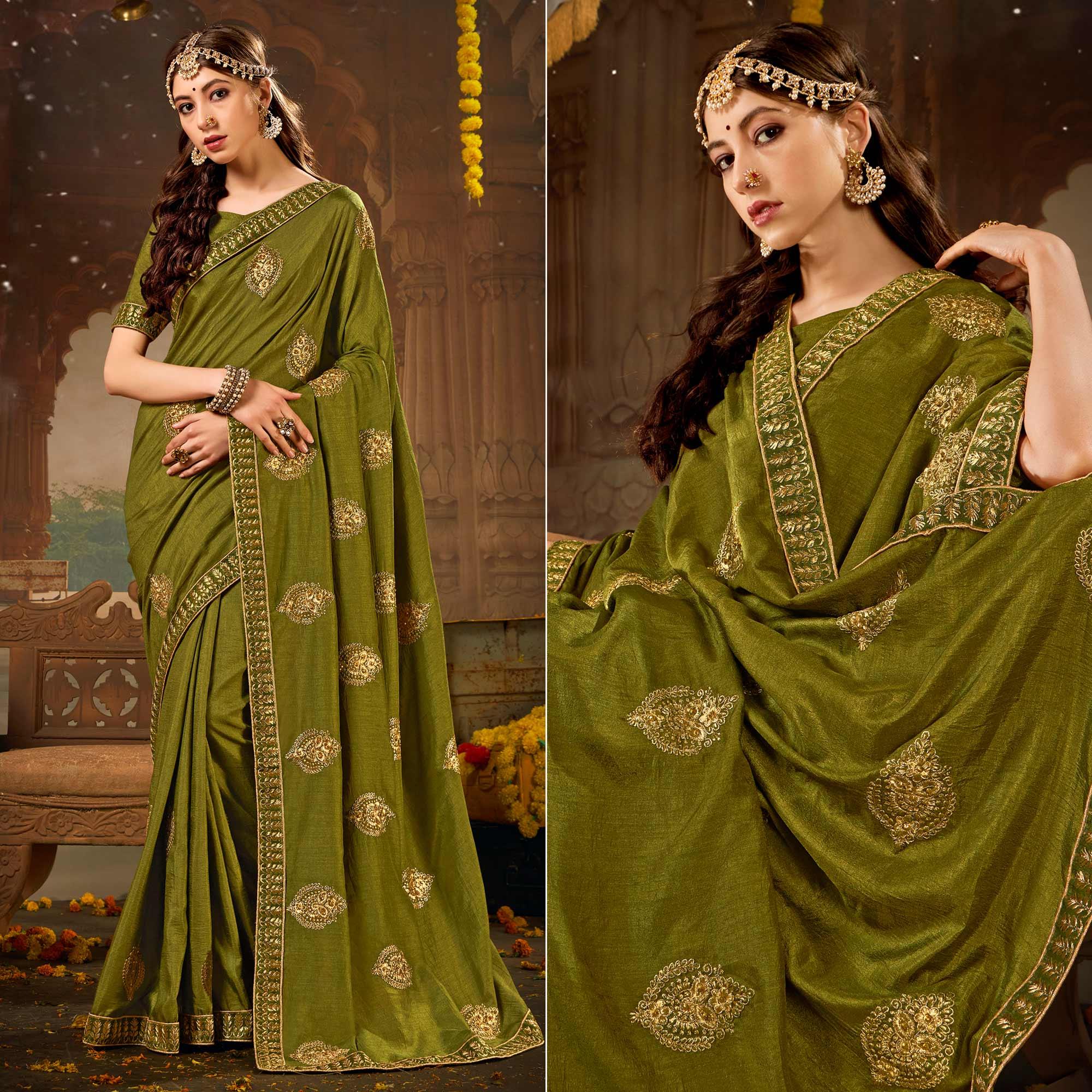 Olive Green Embroidered With Embellished Vichitra Silk Saree - Peachmode