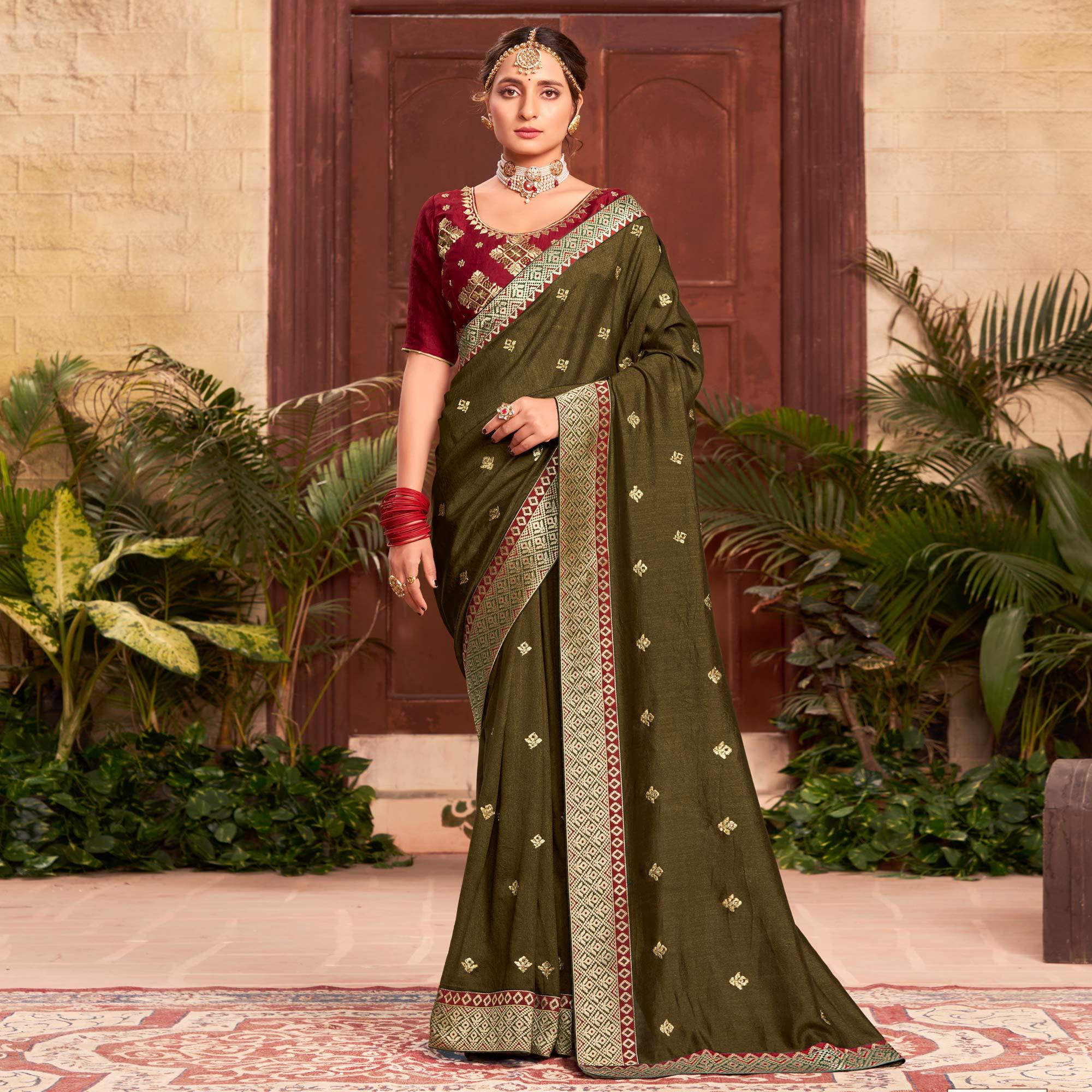 Olive Green Embroidered With Embellished Vichitra Silk Saree - Peachmode