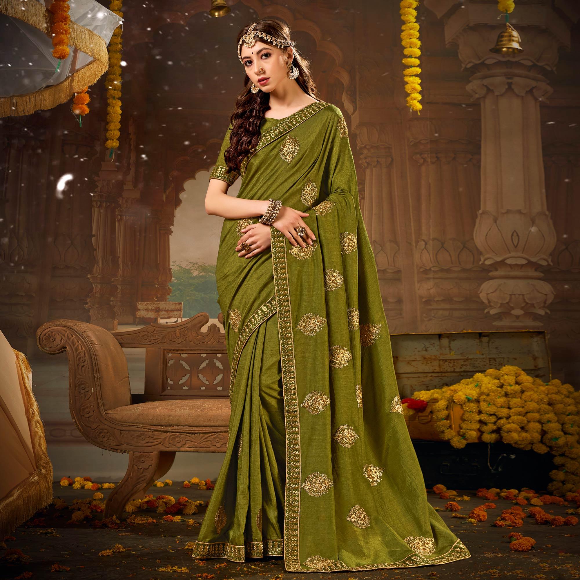 Olive Green Embroidered With Embellished Vichitra Silk Saree - Peachmode