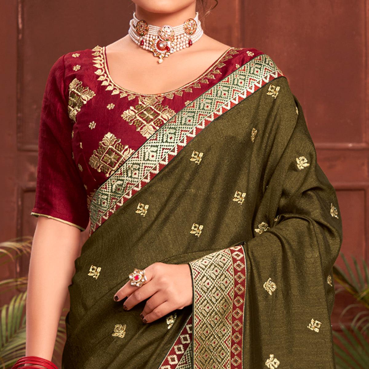 Olive Green Embroidered With Embellished Vichitra Silk Saree - Peachmode