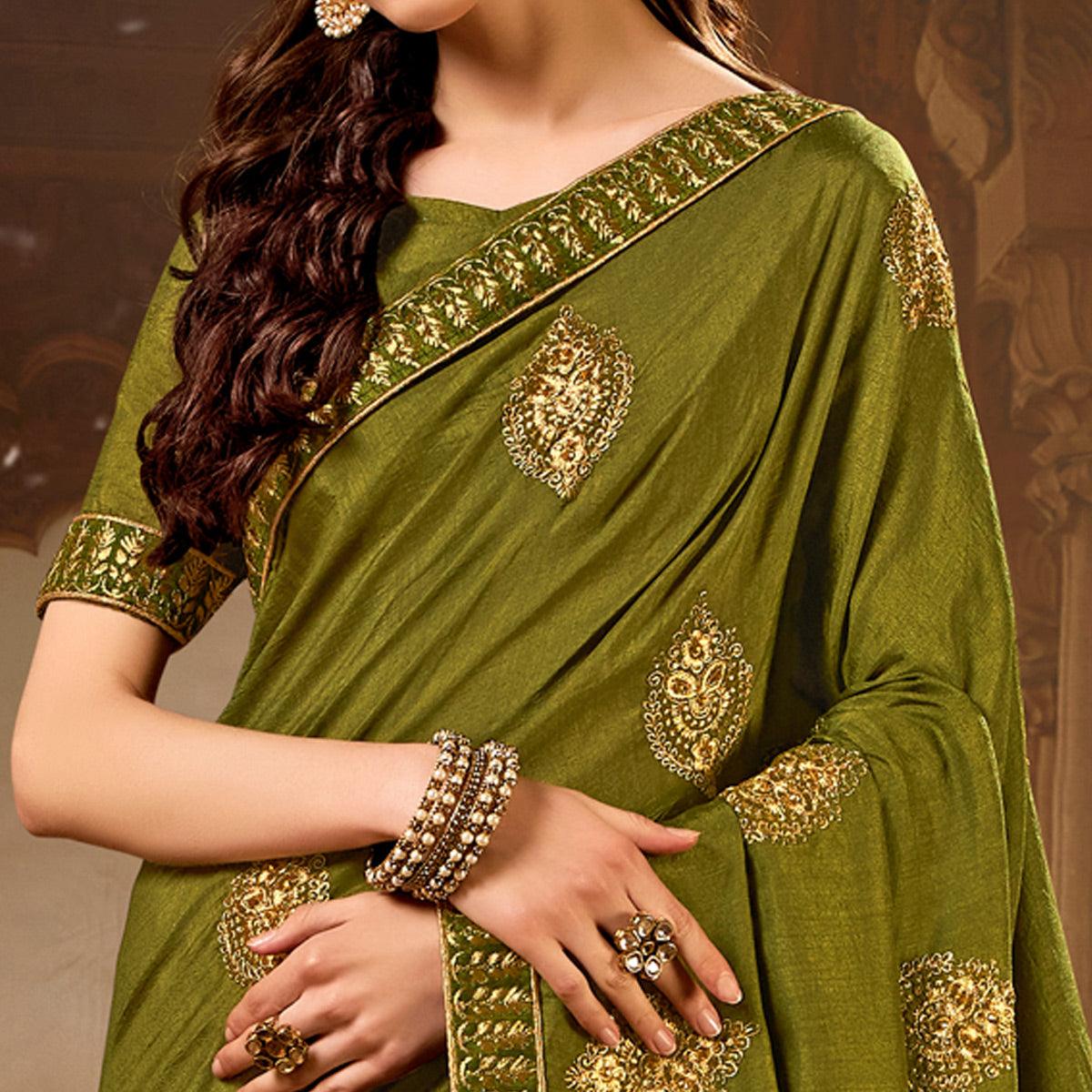 Olive Green Embroidered With Embellished Vichitra Silk Saree - Peachmode