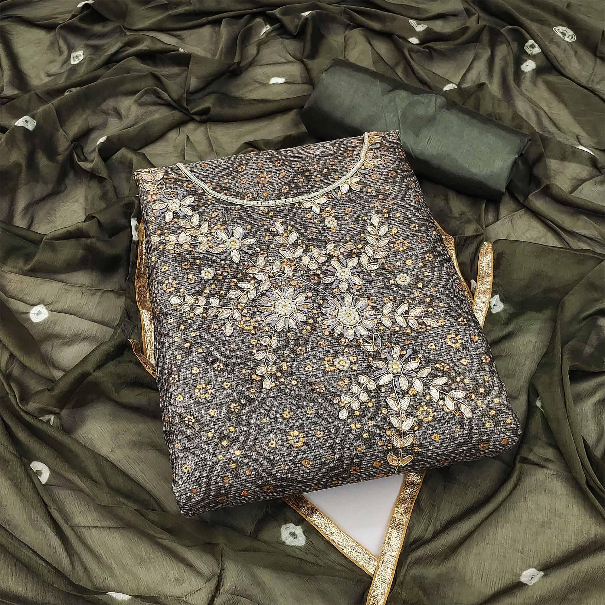 Olive Green Embroidered With Printed Khaadi Dress Material - Peachmode
