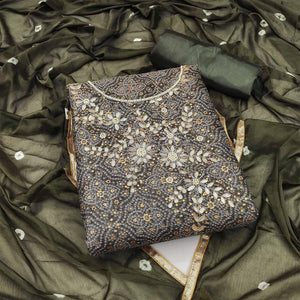 Olive Green Embroidered With Printed Khaadi Dress Material - Peachmode