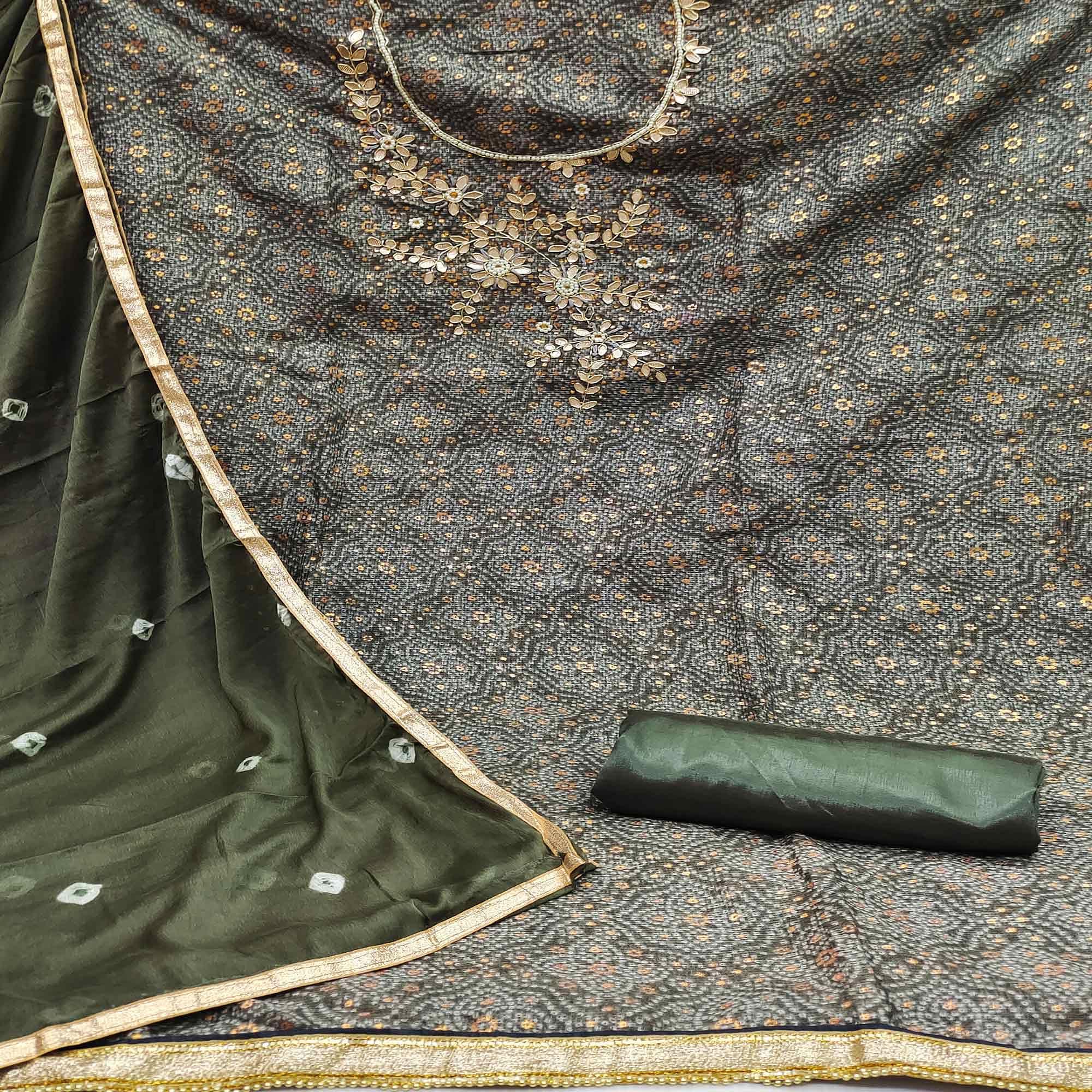 Olive Green Embroidered With Printed Khaadi Dress Material - Peachmode