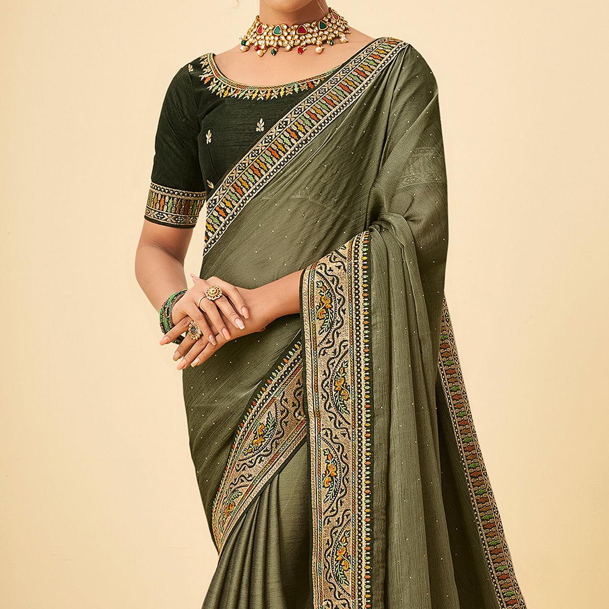 Olive Green Festive Wear Embellished Chiffon Saree With Heavy Lace - Peachmode
