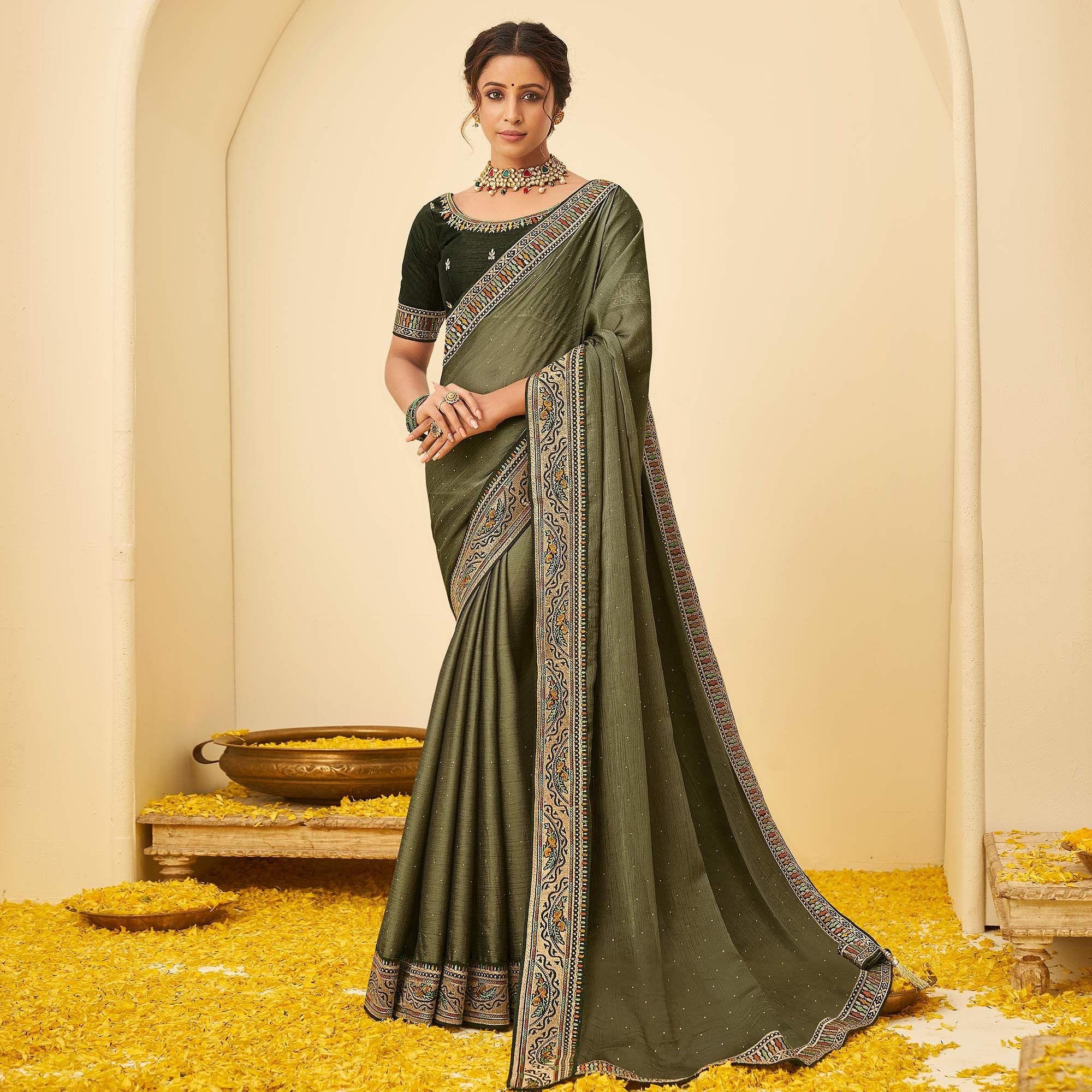 Olive Green Festive Wear Embellished Chiffon Saree With Heavy Lace - Peachmode